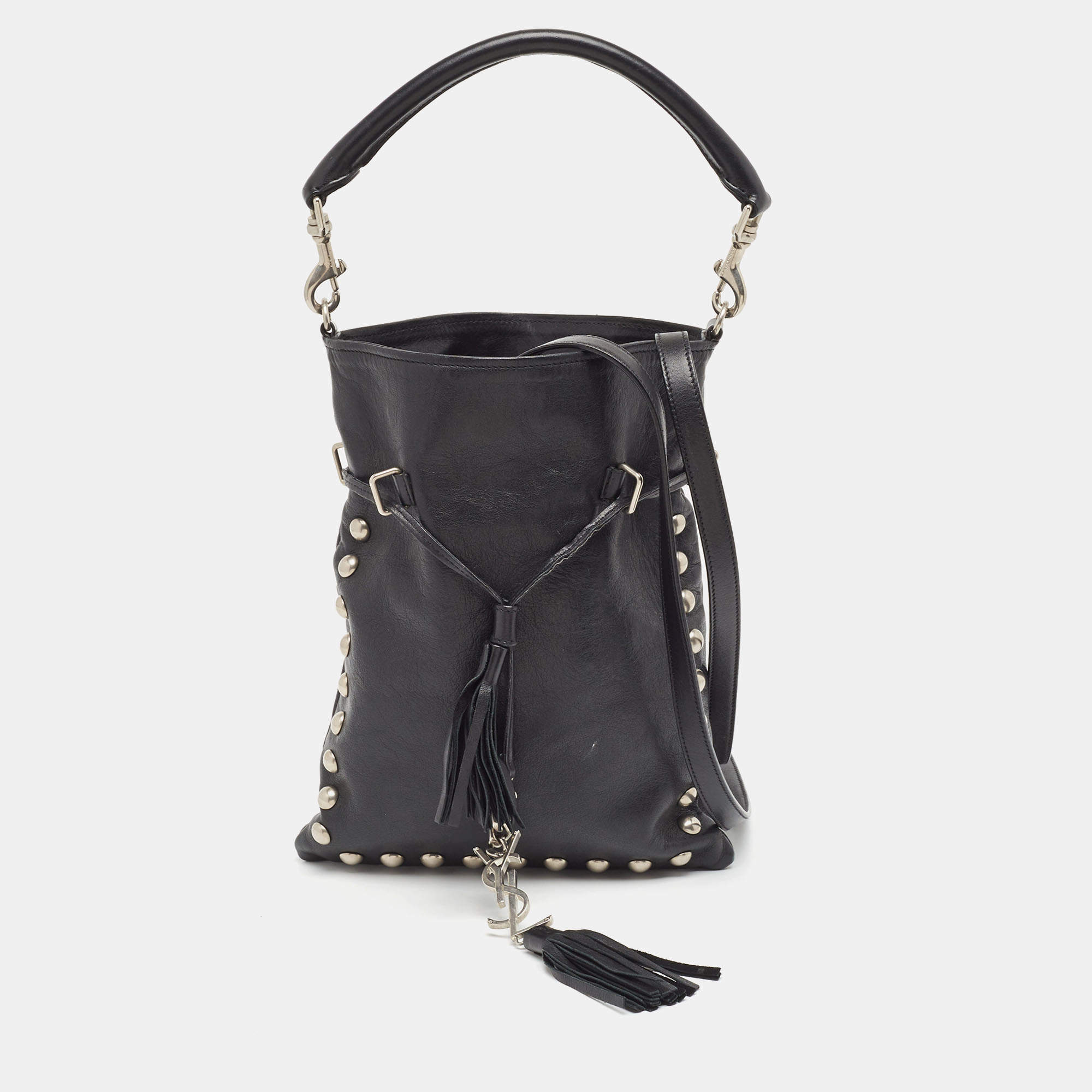 Saint Laurent Black Leather Monogram Flat Bucket Bag