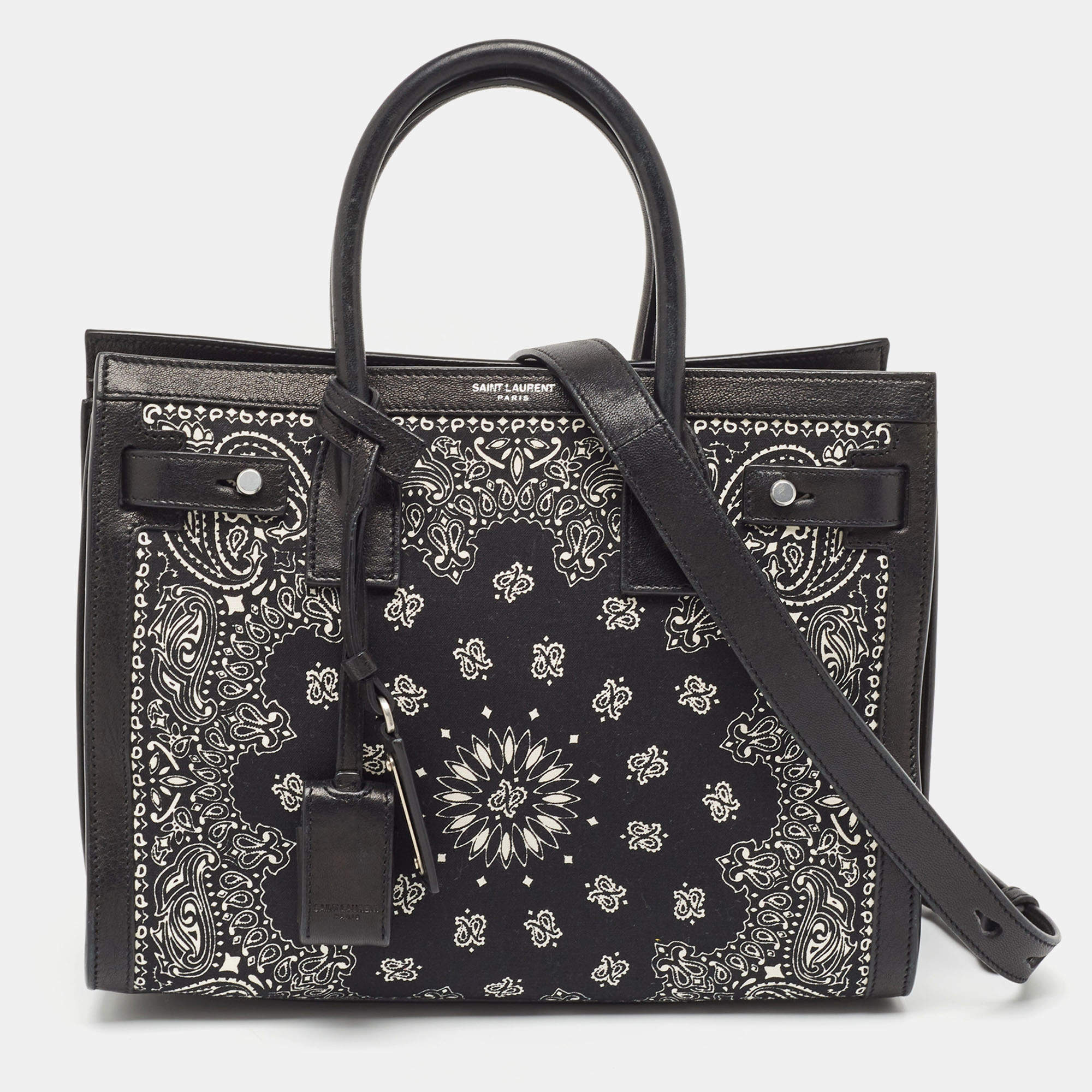 مملوكة مسبقًا Saint Laurent Black/White Leather and Fabric Baby Bandana Sac De Jour Tote