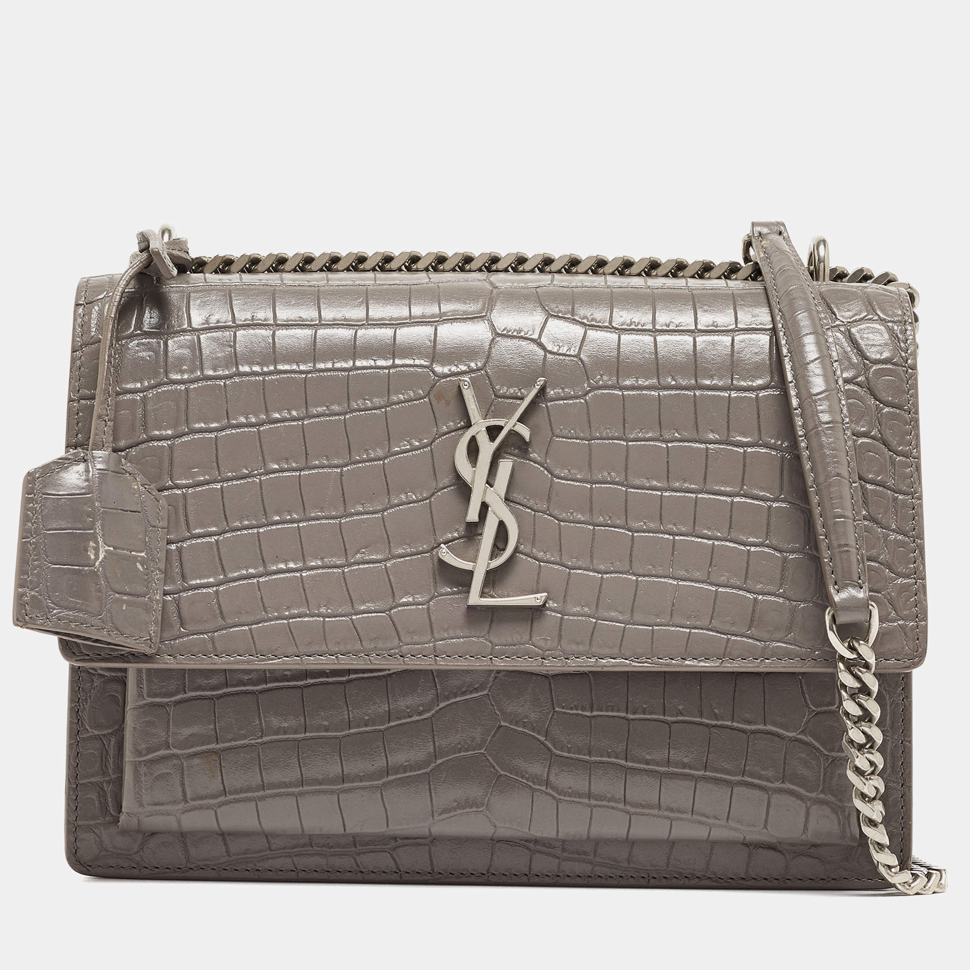 Saint Laurent Grey Croc Embossed Leather Medium Sunset Bag