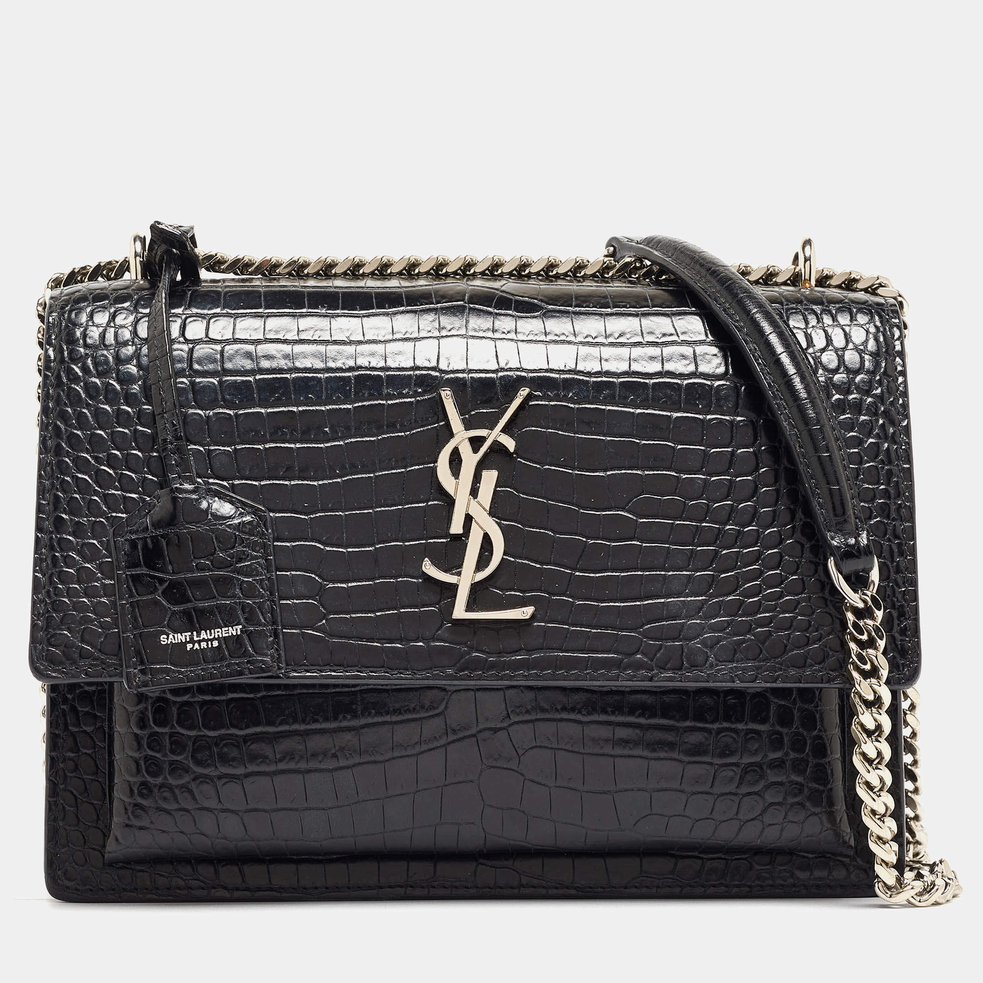 Saint Laurent Black Croc Embossed Leather Medium Sunset Bag