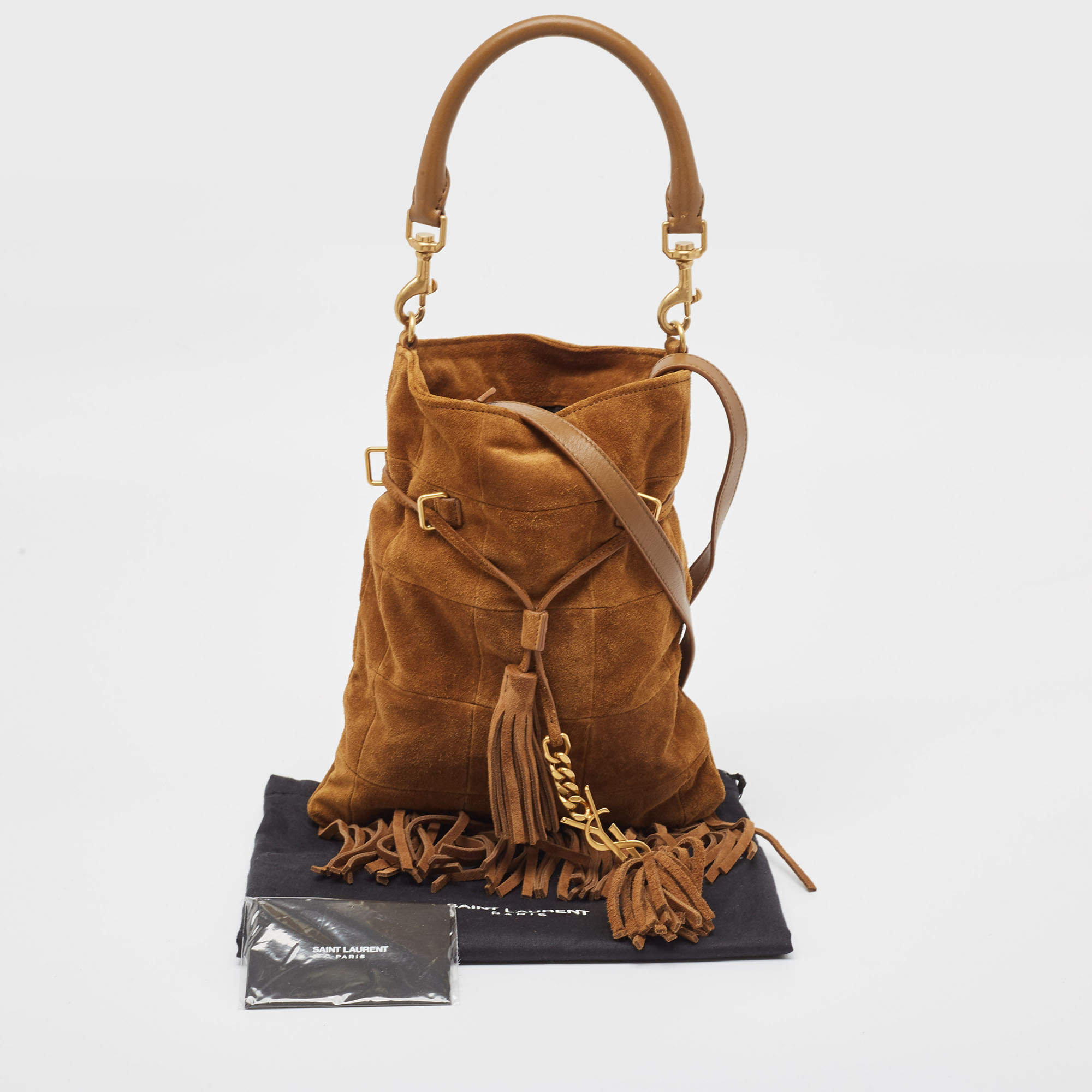 Pre Owned Saint Laurent Brown Suede and Leather Tassle Fringe Bucket Bag