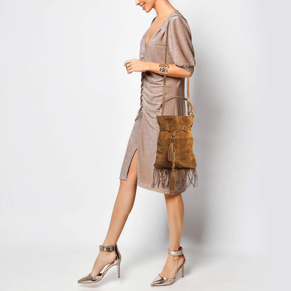 Pre Owned Saint Laurent Brown Suede and Leather Tassle Fringe Bucket Bag