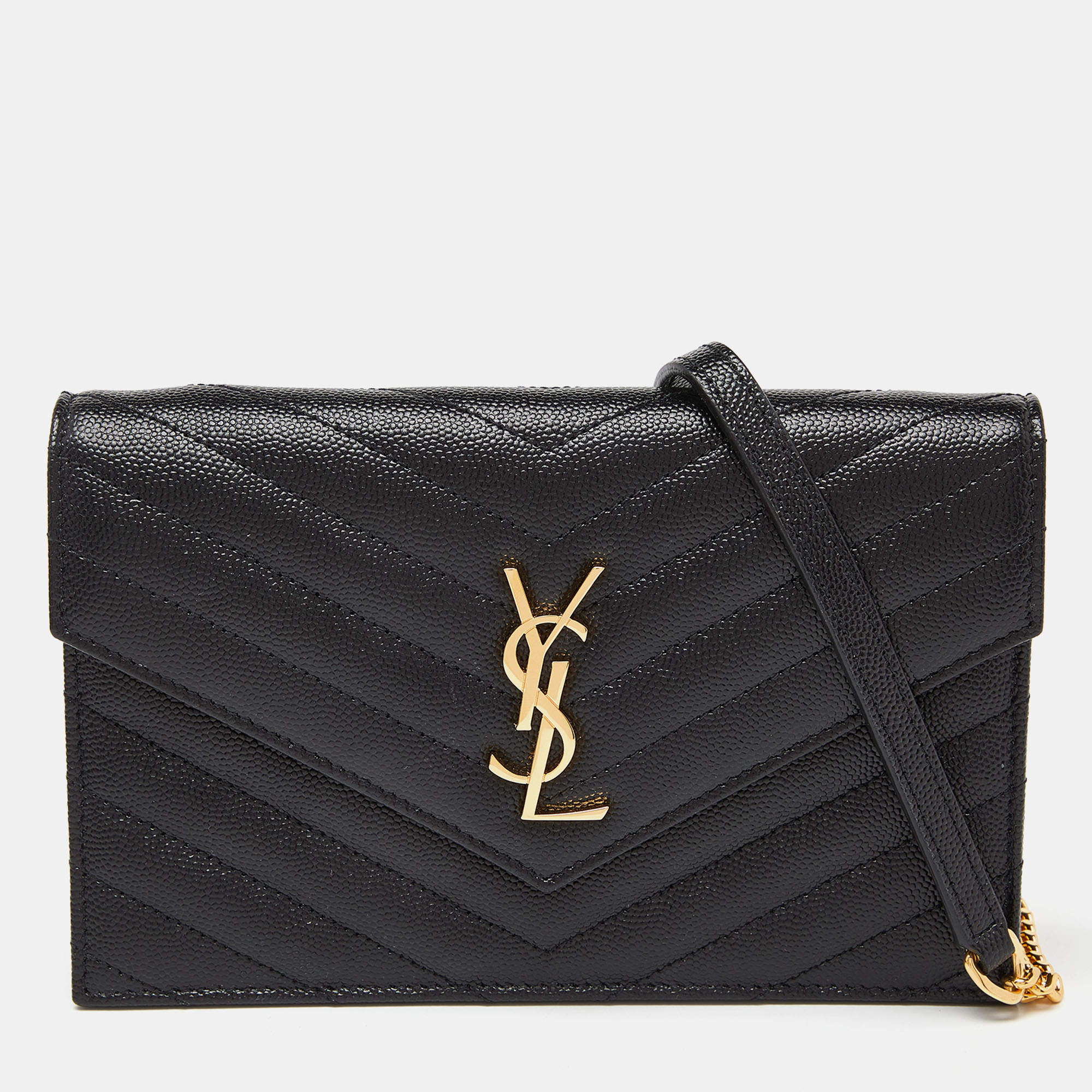 Saint Laurent Black Matelasse Leather Monogram Envelope Wallet on Chain