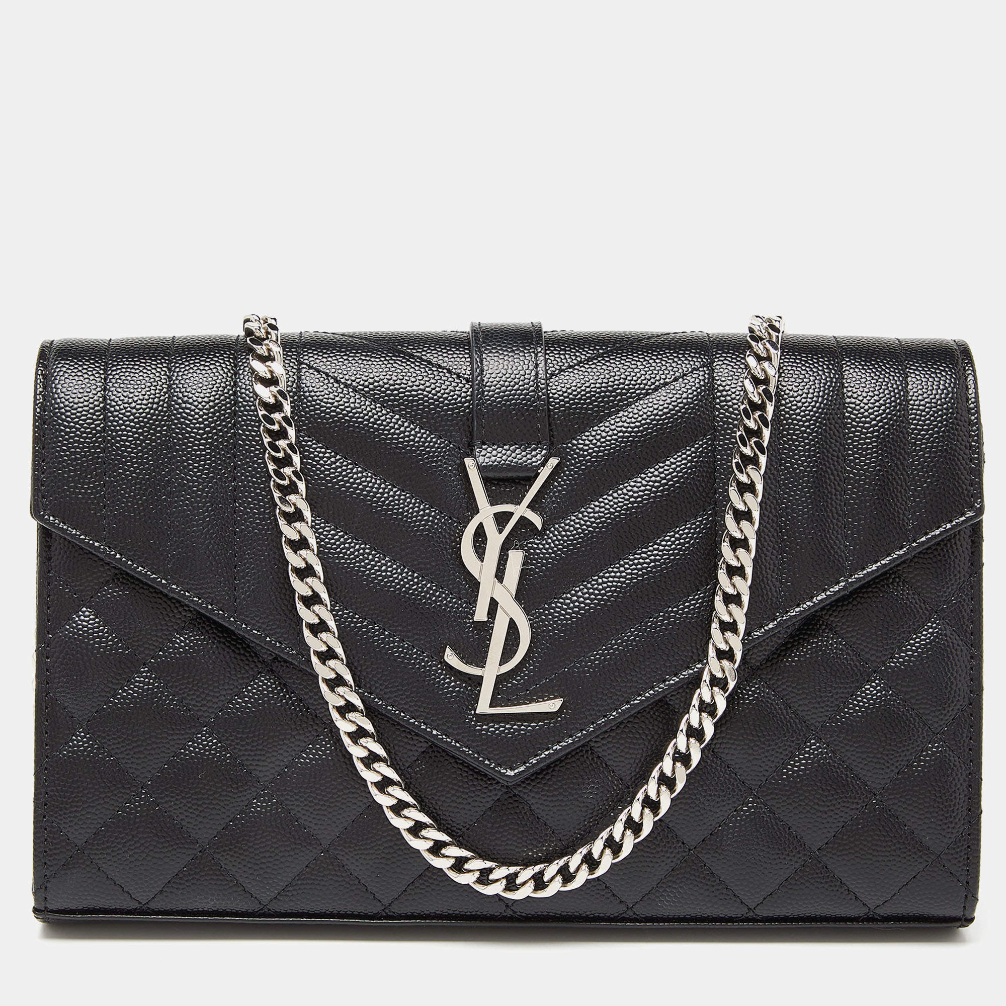 Saint Laurent Black Mix Matelassé Leather Monogram Envelope Wallet on Chain