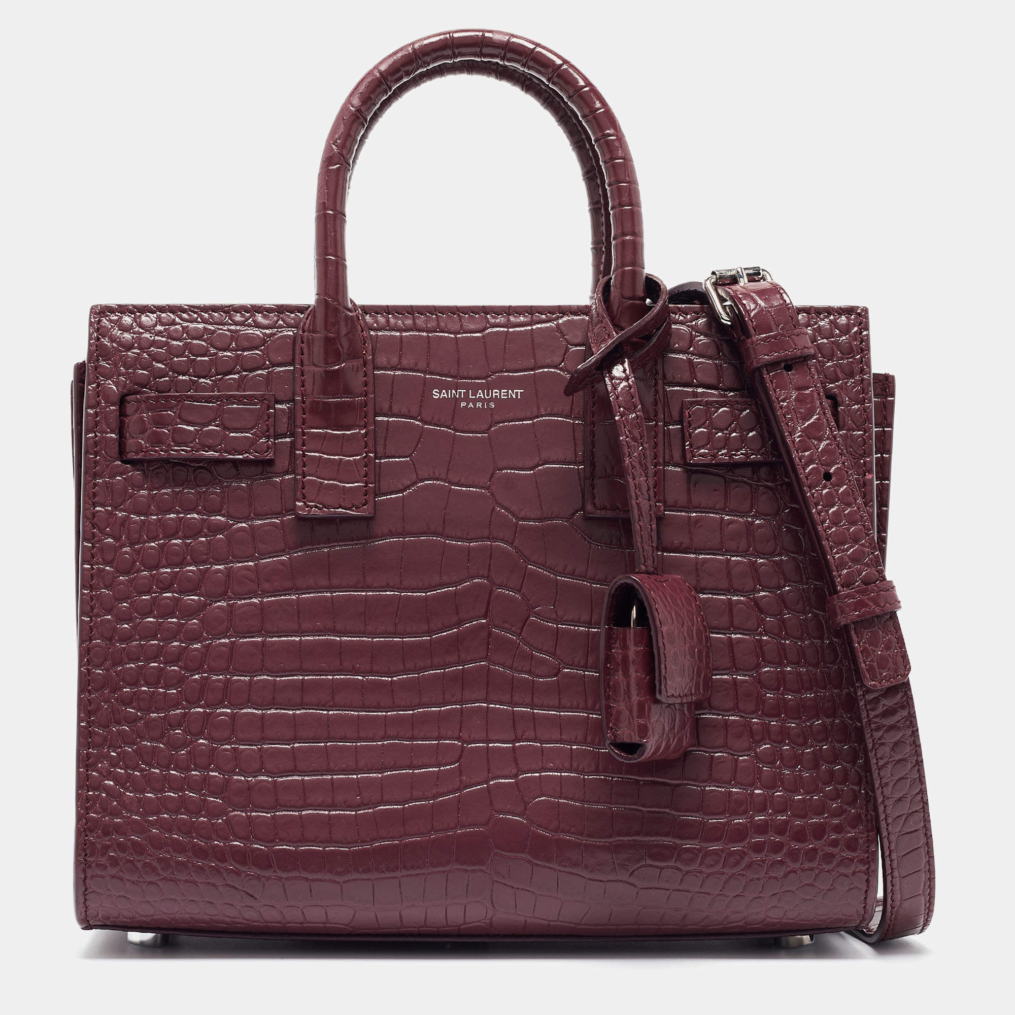 Pre Owned Saint Laurent Burgundy Croc Embossed Leather Nano Classic Sac De Jour Tote