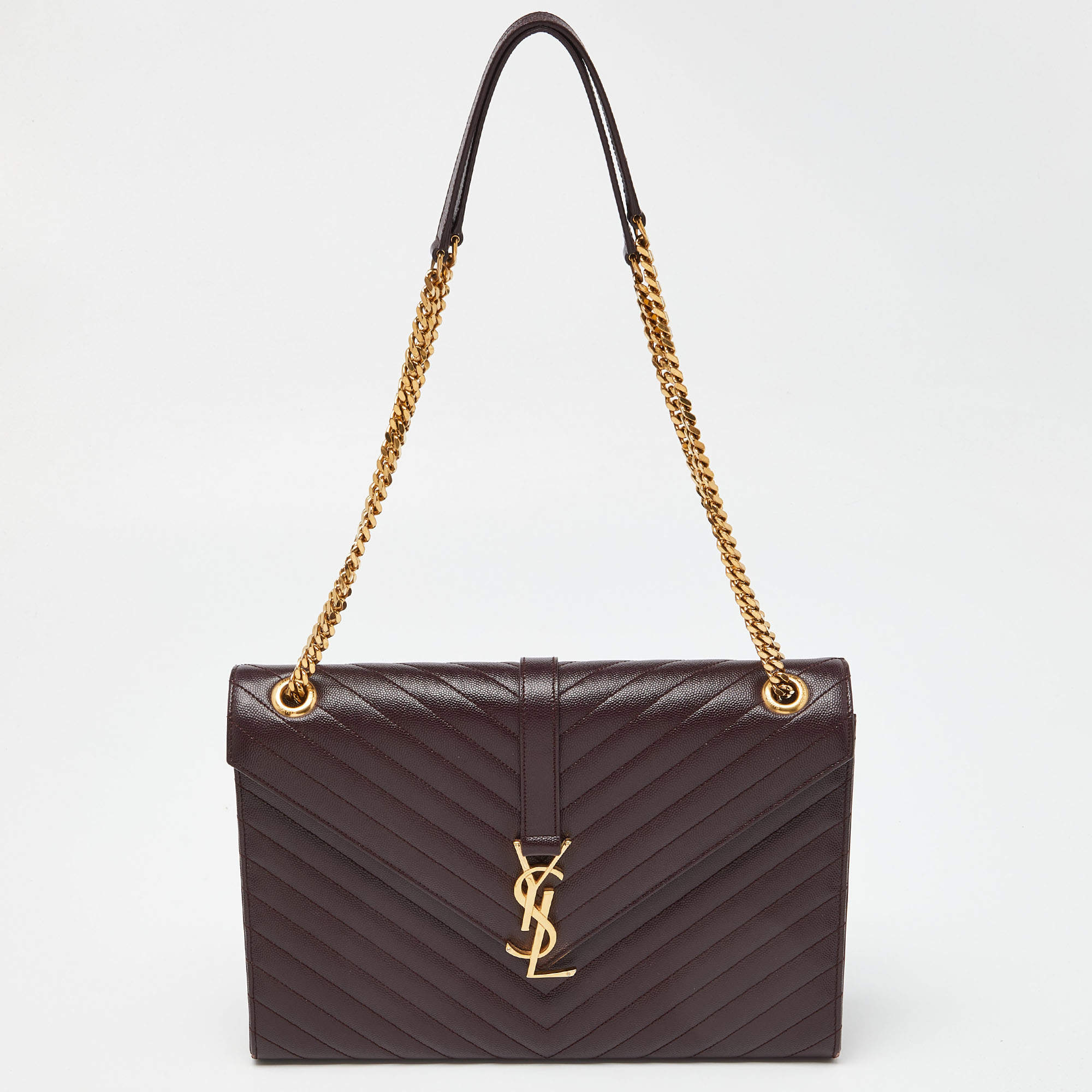 Pre Owned Saint Laurent Burgundy Matelassé Leather Large Monogram Envelope Shoulder Bag