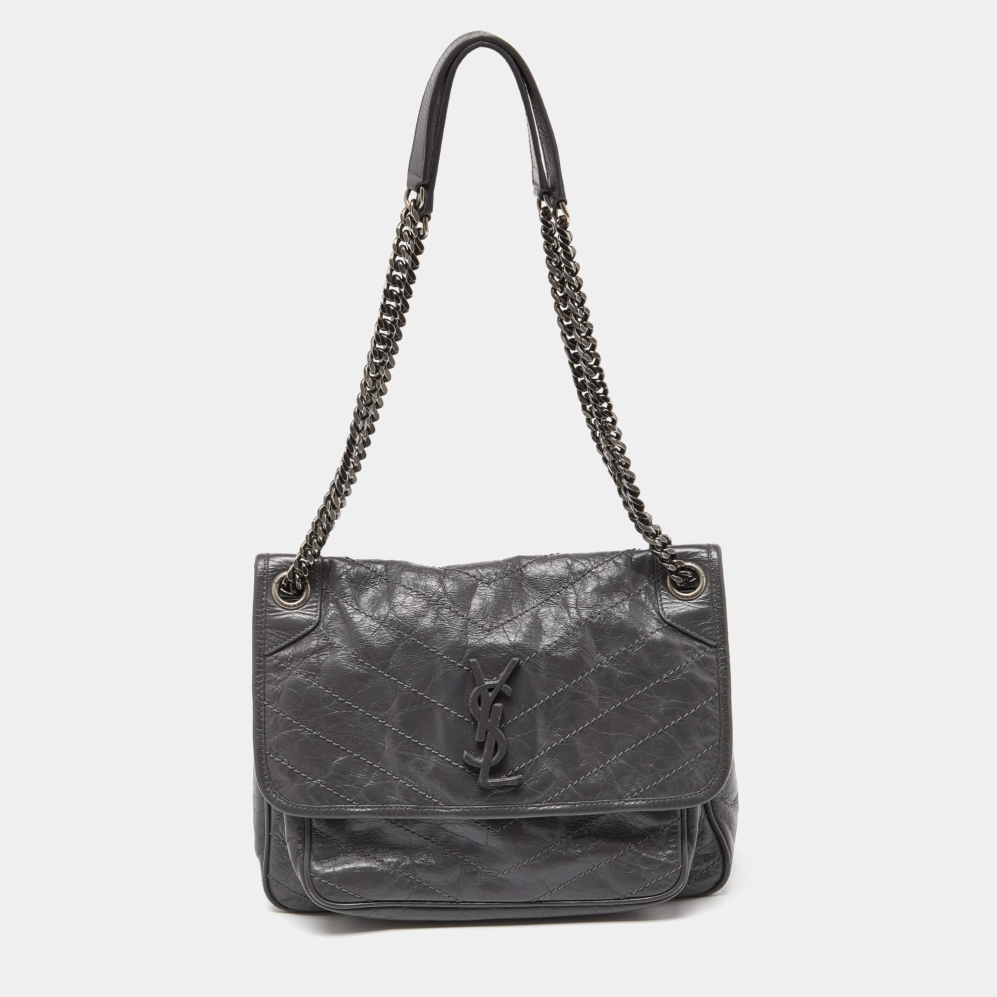 Saint Laurent Grey Crinkled Leather Medium Niki Shoulder Bag