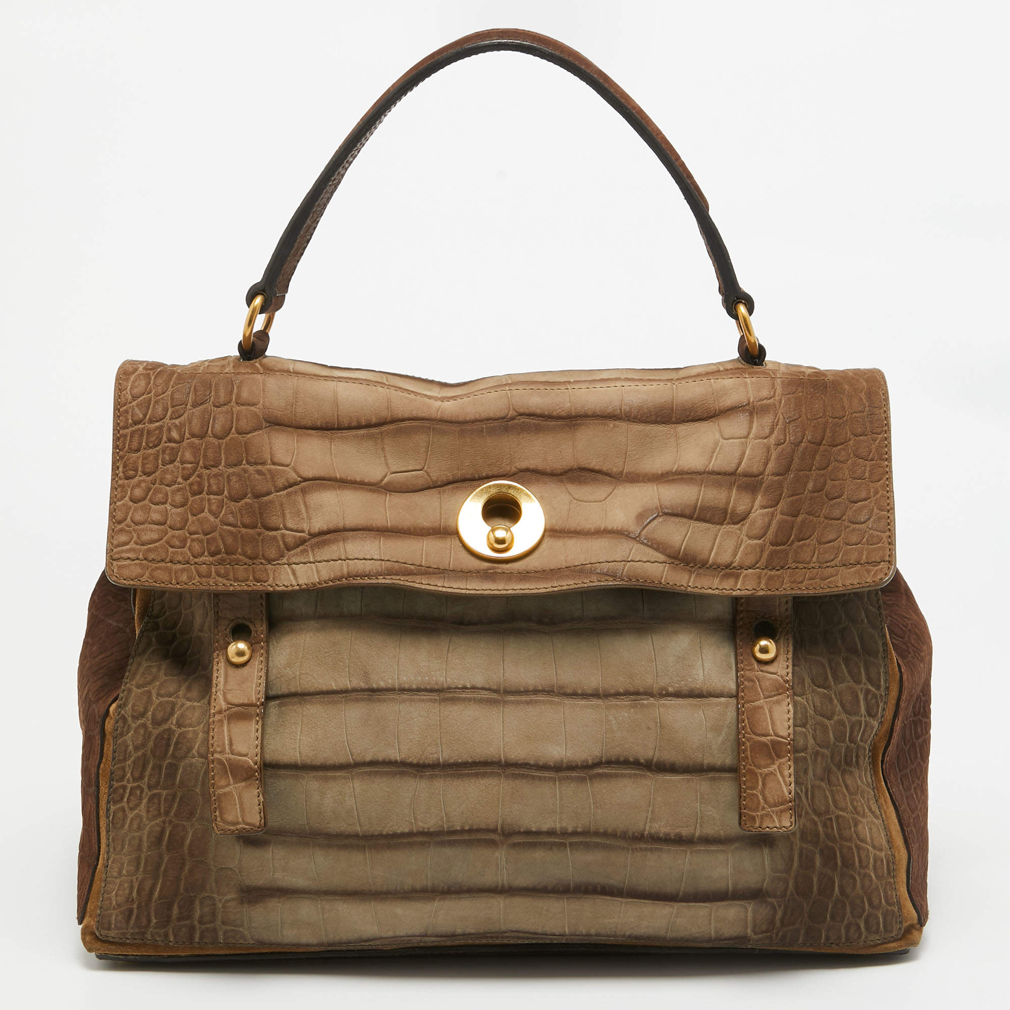 Pre Owned Saint Laurent Brown/Grey Croc Embossed Leather and Suede Muse Two Top Handle Bag