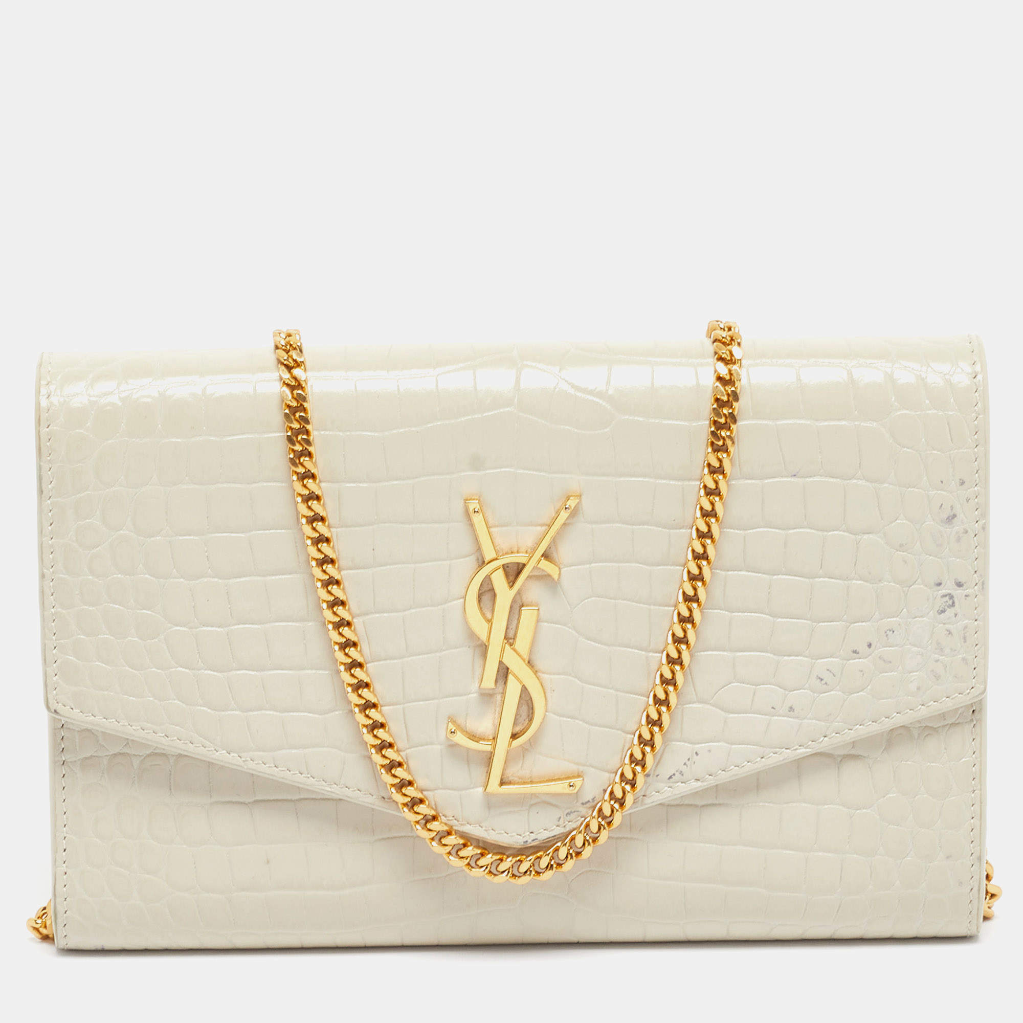 Pre Owned Saint Laurent Cream Croc Embossed Leather Uptown Wallet on Chain
