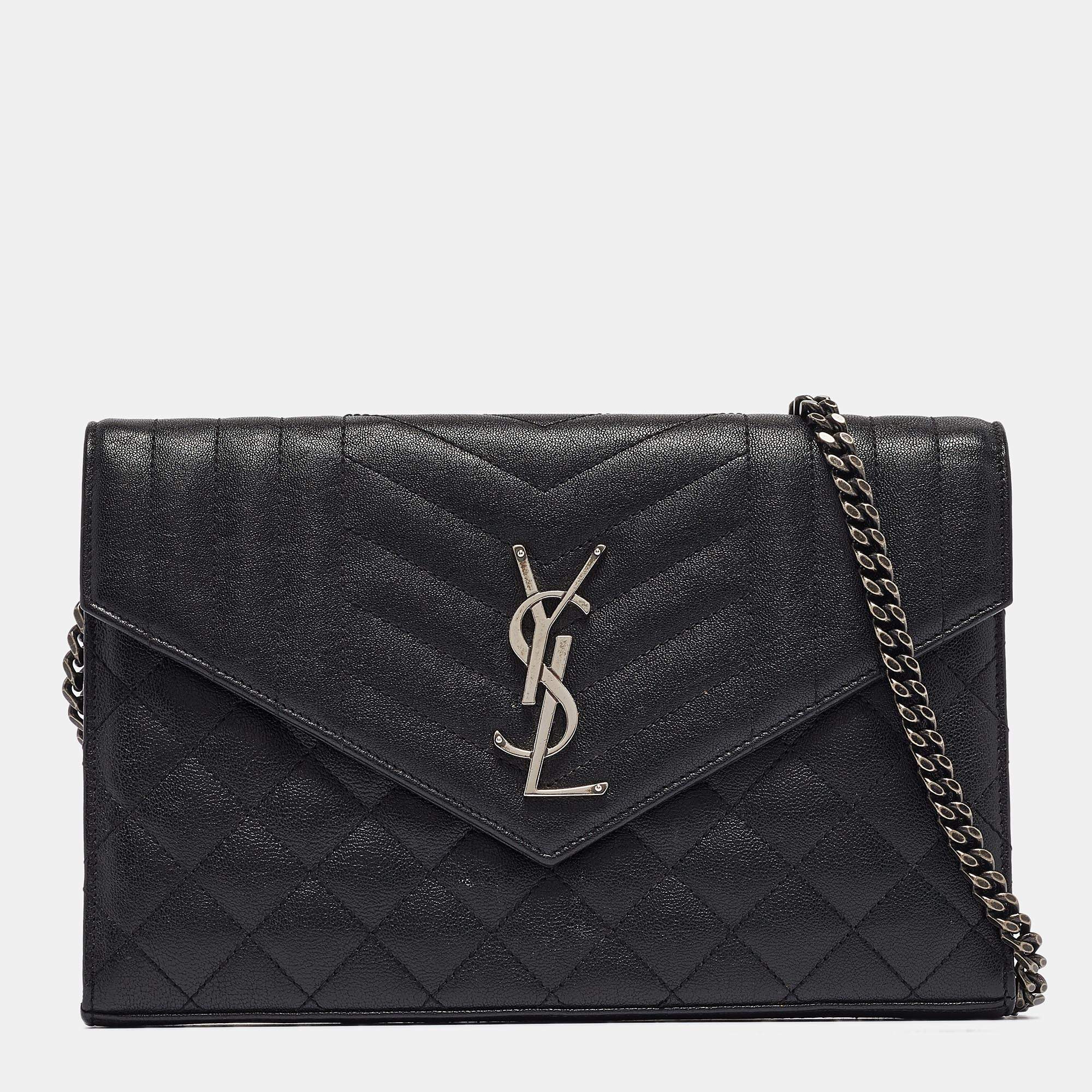 Saint Laurent Black Mix Matelassé Leather Monogram Envelope Wallet on Chain