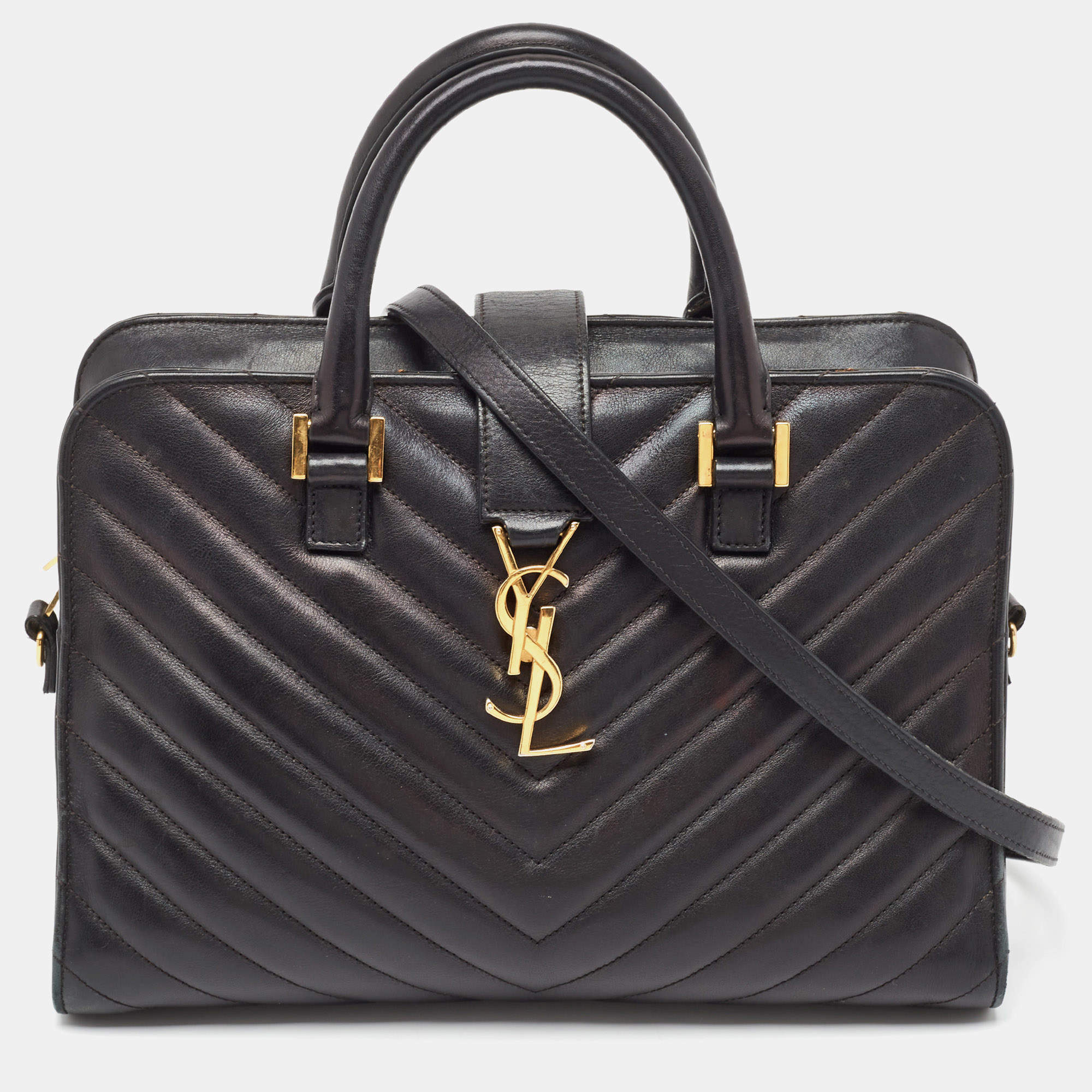 مملوكة مسبقًا Saint Laurent Black Matelasse Leather Small Monogram Cabas Tote