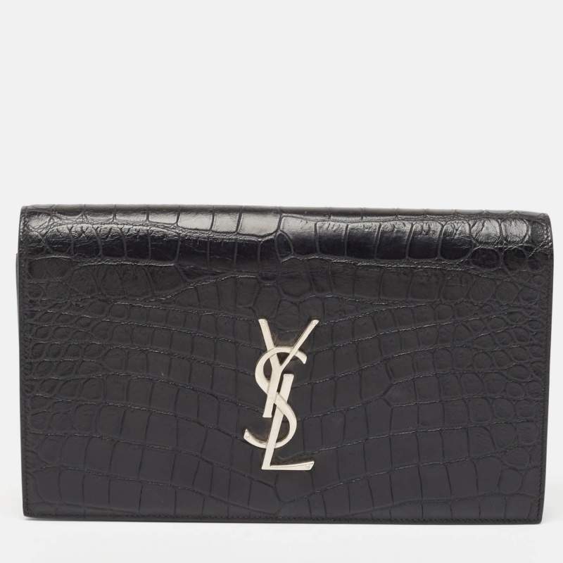 Pre Owned Saint Laurent Black Croc Embossed Leather Monogram Kate Clutch
