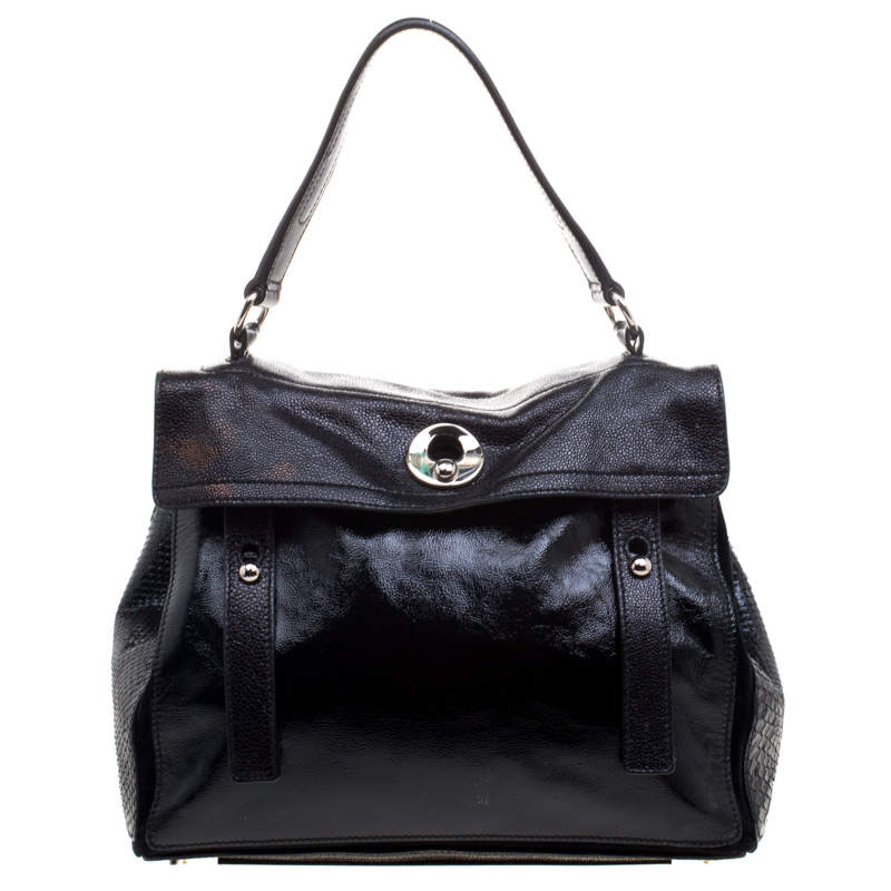 Pre Owned حقيبة سان لوران باريس موس تو سويدي وجلد ثعبان/جلد لامعة سوداء