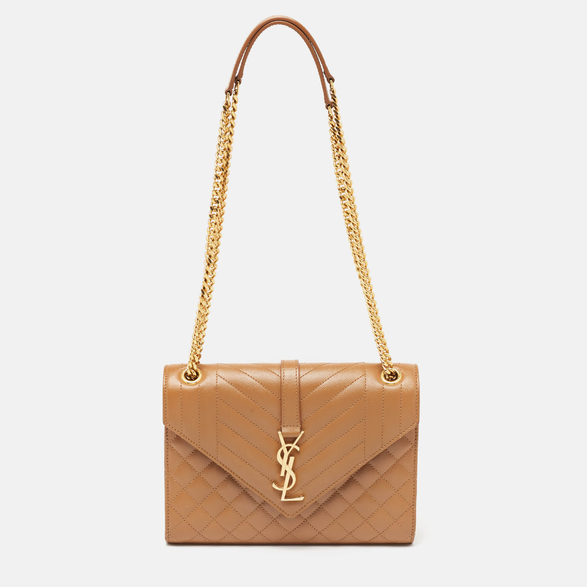 Pre Owned Saint Laurent Beige Mix Matelassé Leather Medium Envelope Chain Bag