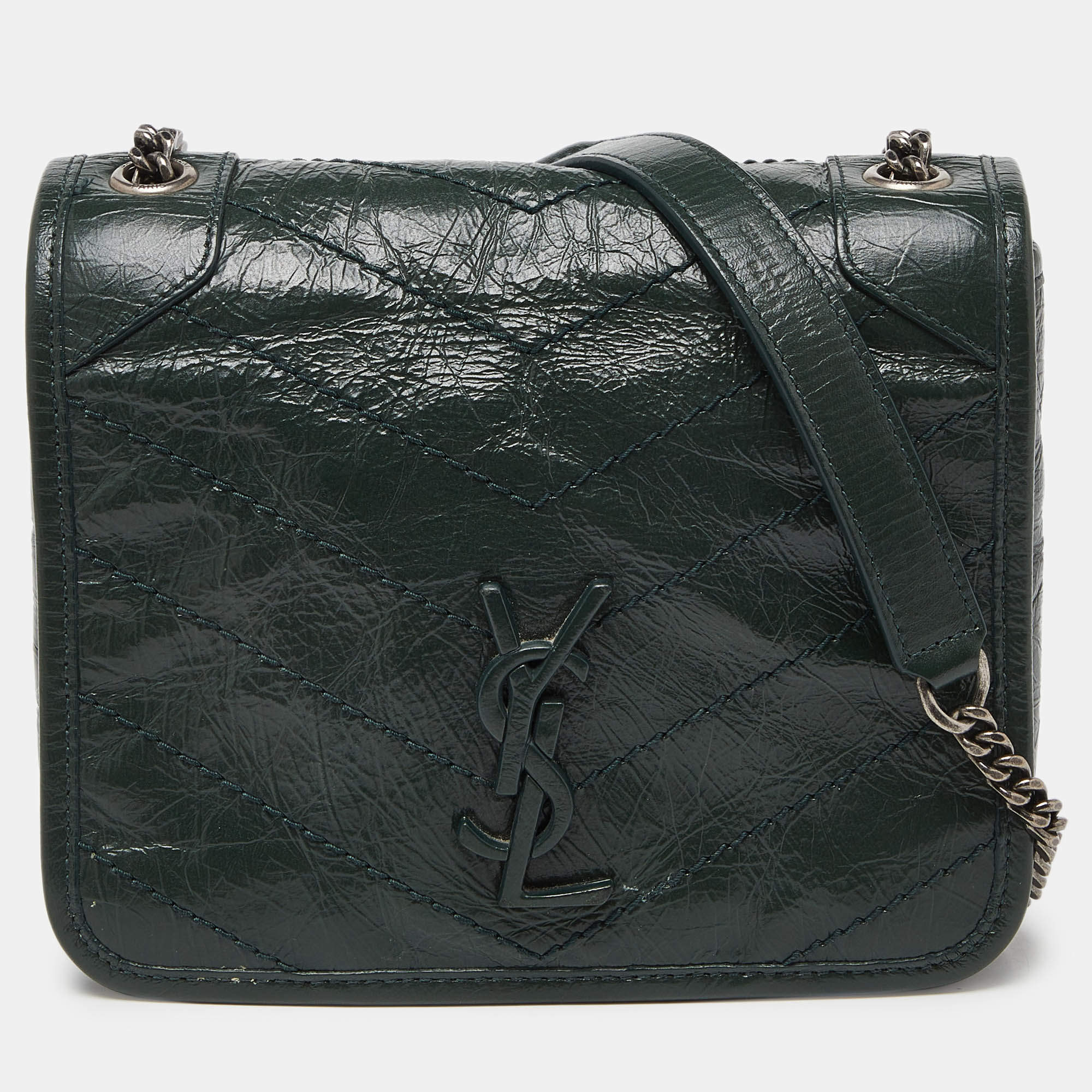 Pre Owned Saint Laurent Green Crinkled Leather Niki Chain Shoulder Bag