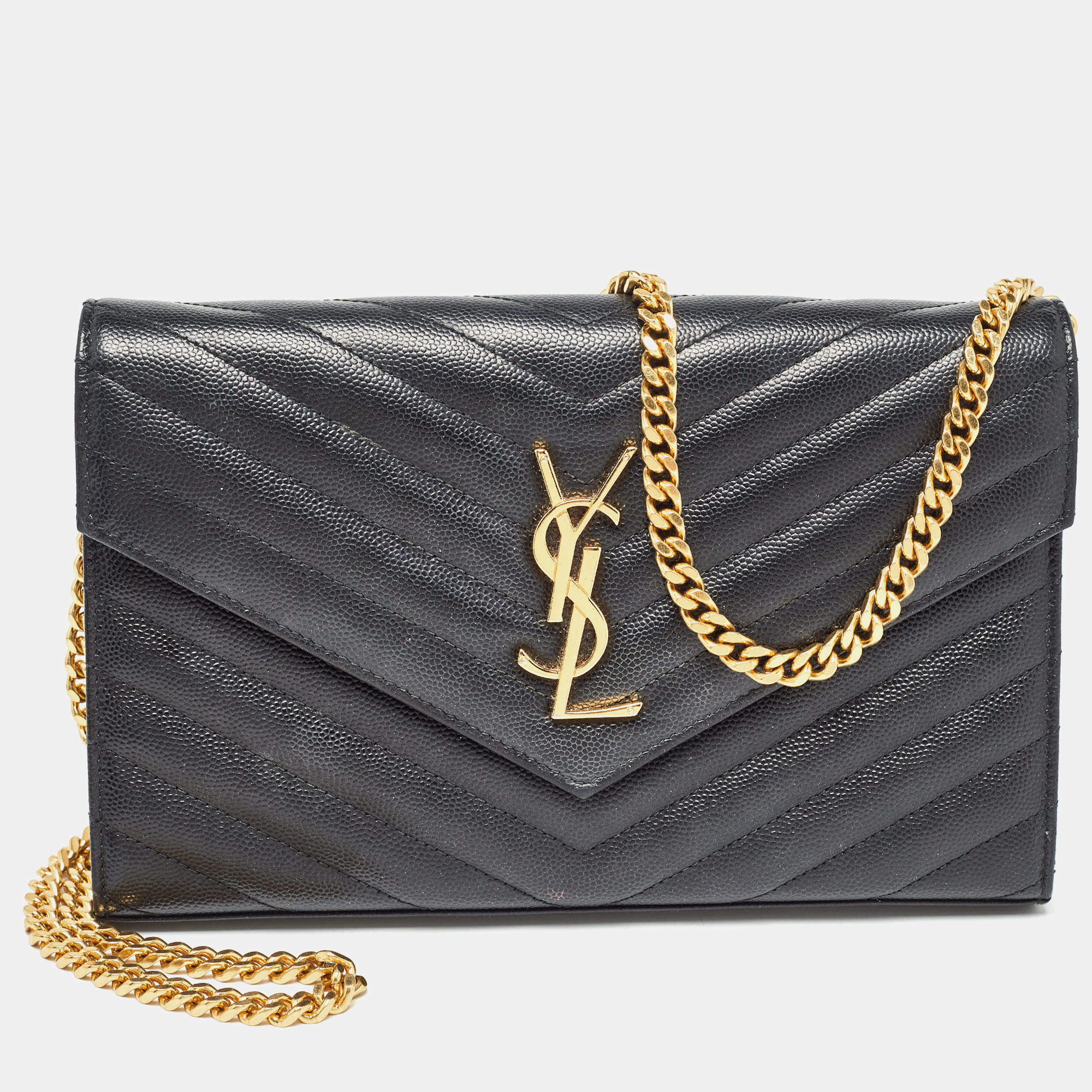 Saint Laurent Black Matelassé Leather Cassandre Wallet on Chain