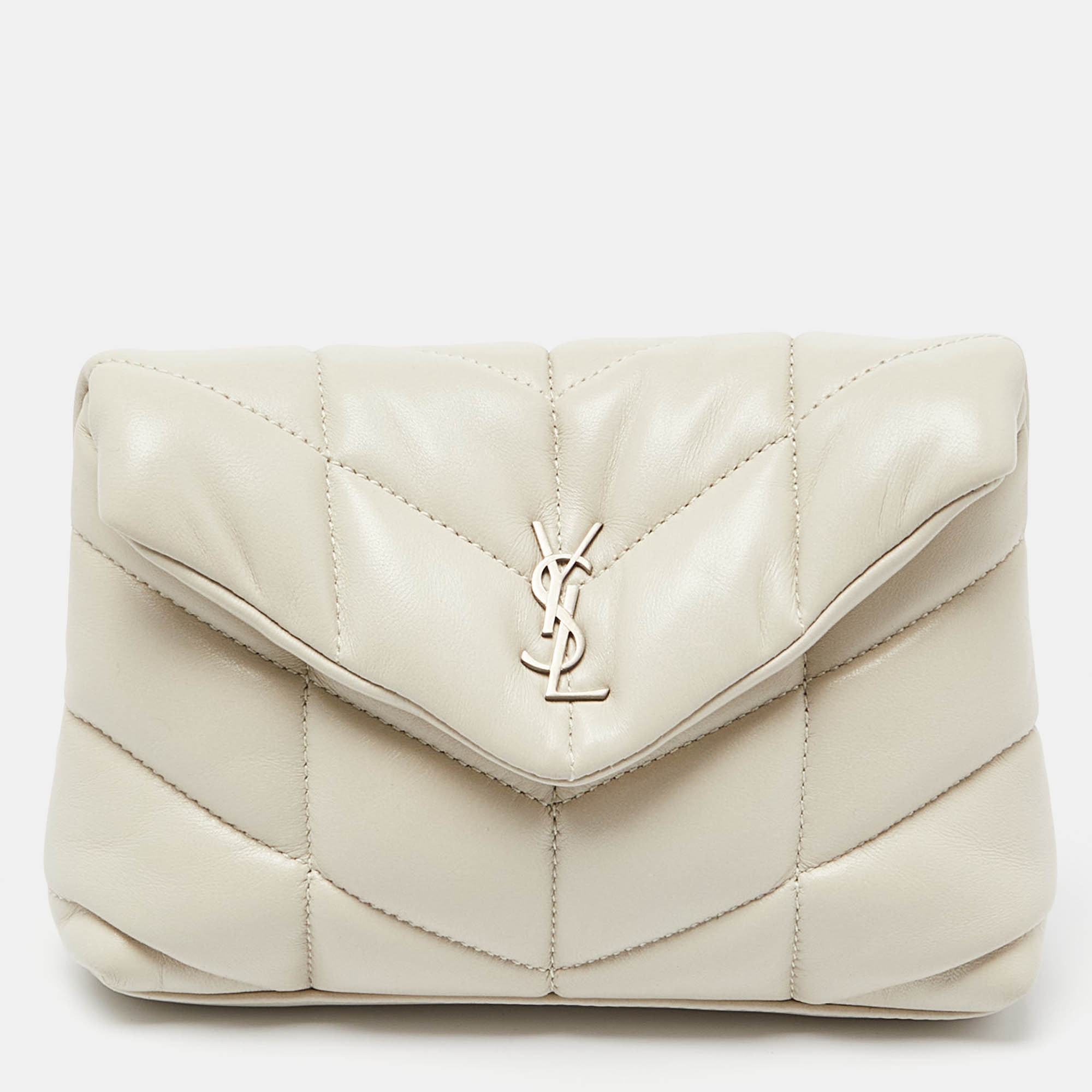 Saint Laurent Off White Leather Loulou Monogram Puffer Pouch
