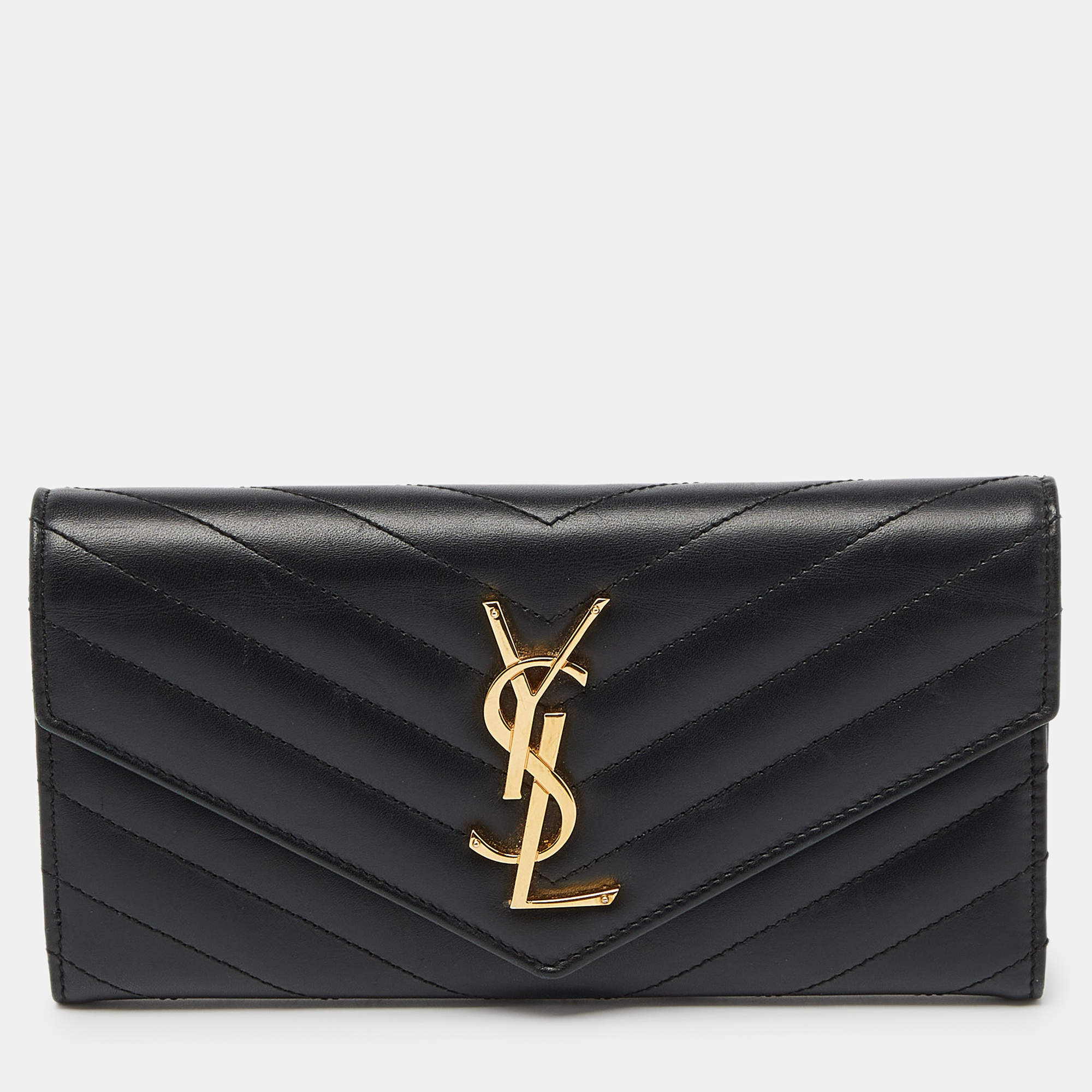 Pre Owned Saint Laurent Black Matelassé Leather Cassandre Flap Wallet