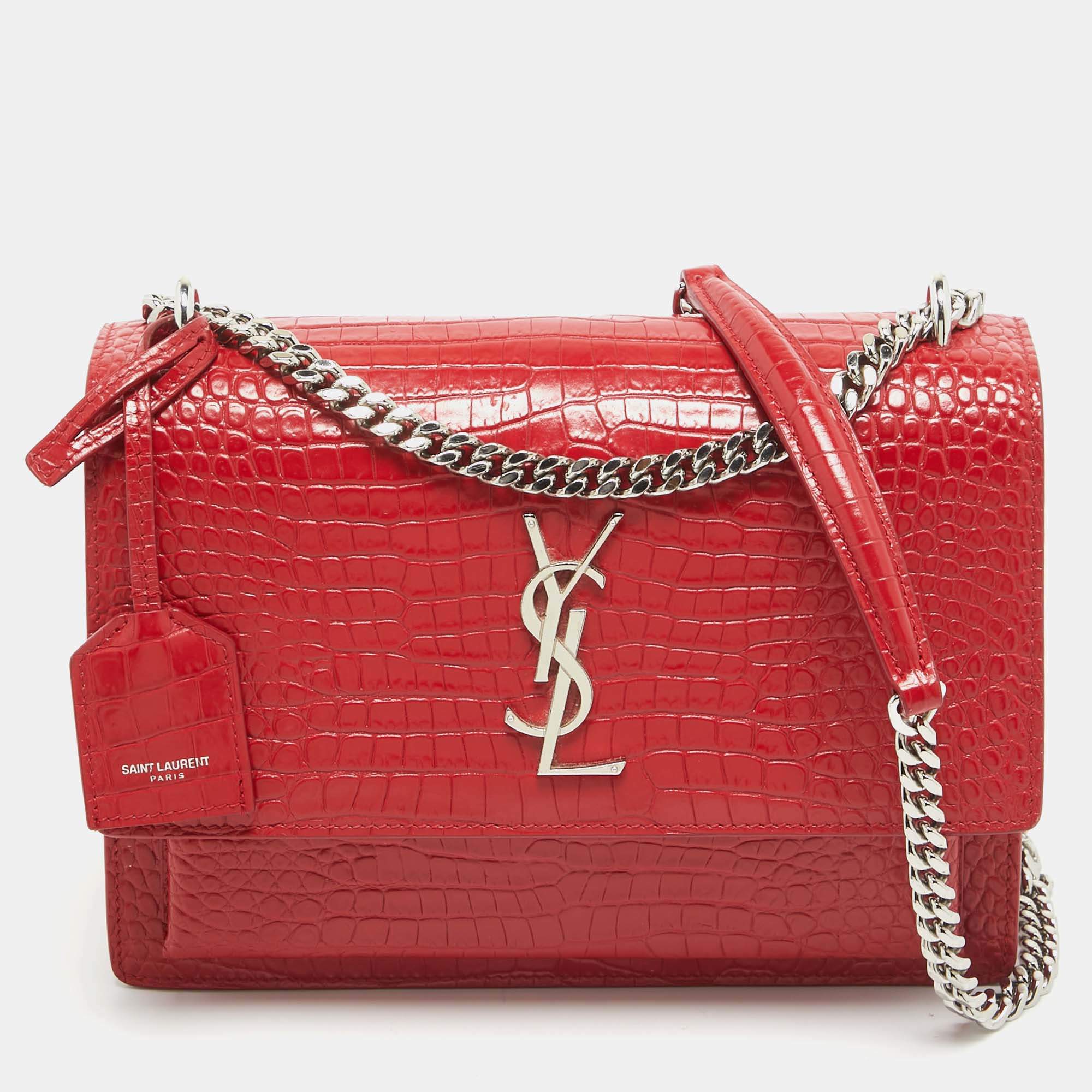 Pre Owned Saint Laurent Red Croc Embossed Leather Medium Sunset Shoulder Bag