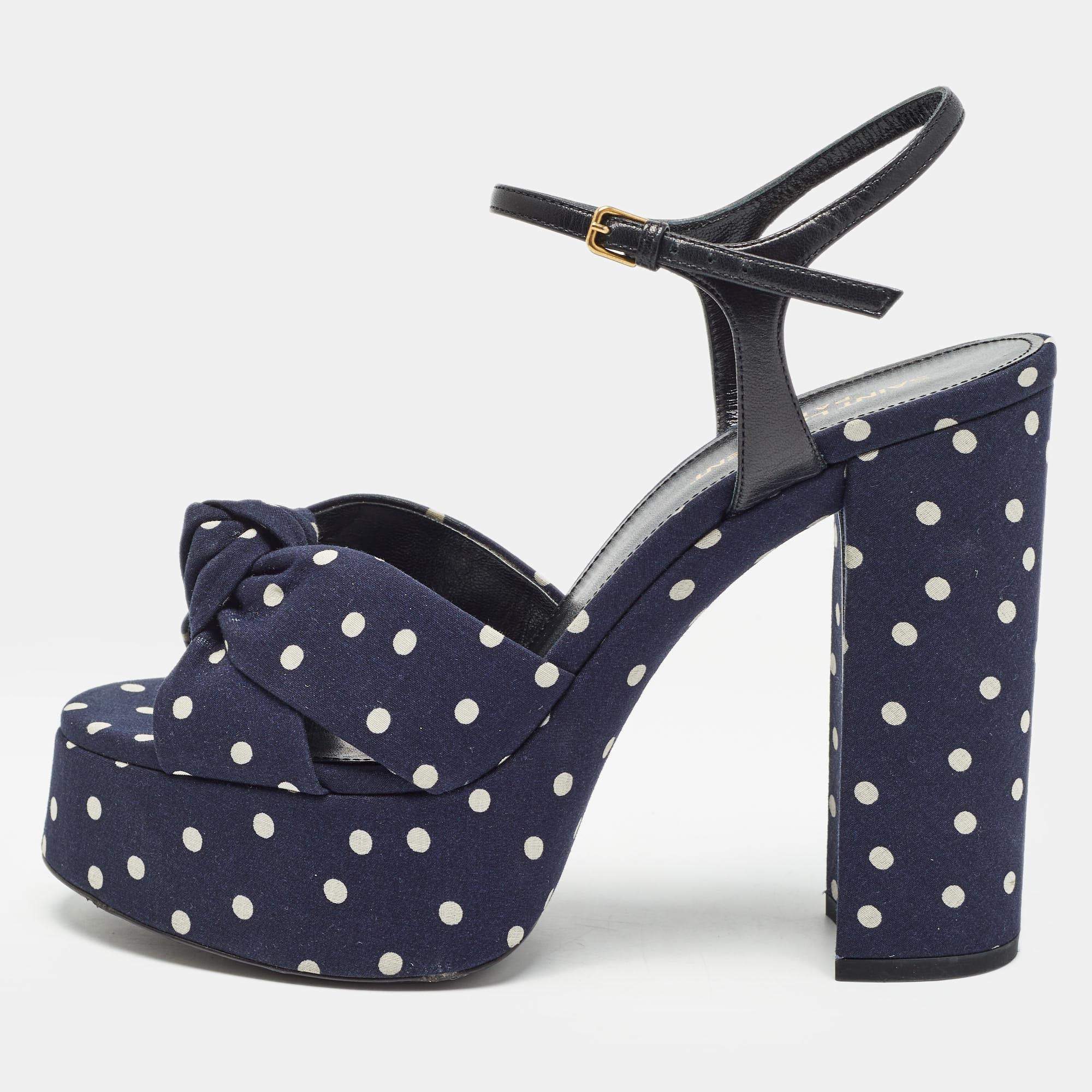 Pre Owned Saint Laurent Navy Blue/White Polka Dot Fabric Bianca Sandals Size 38