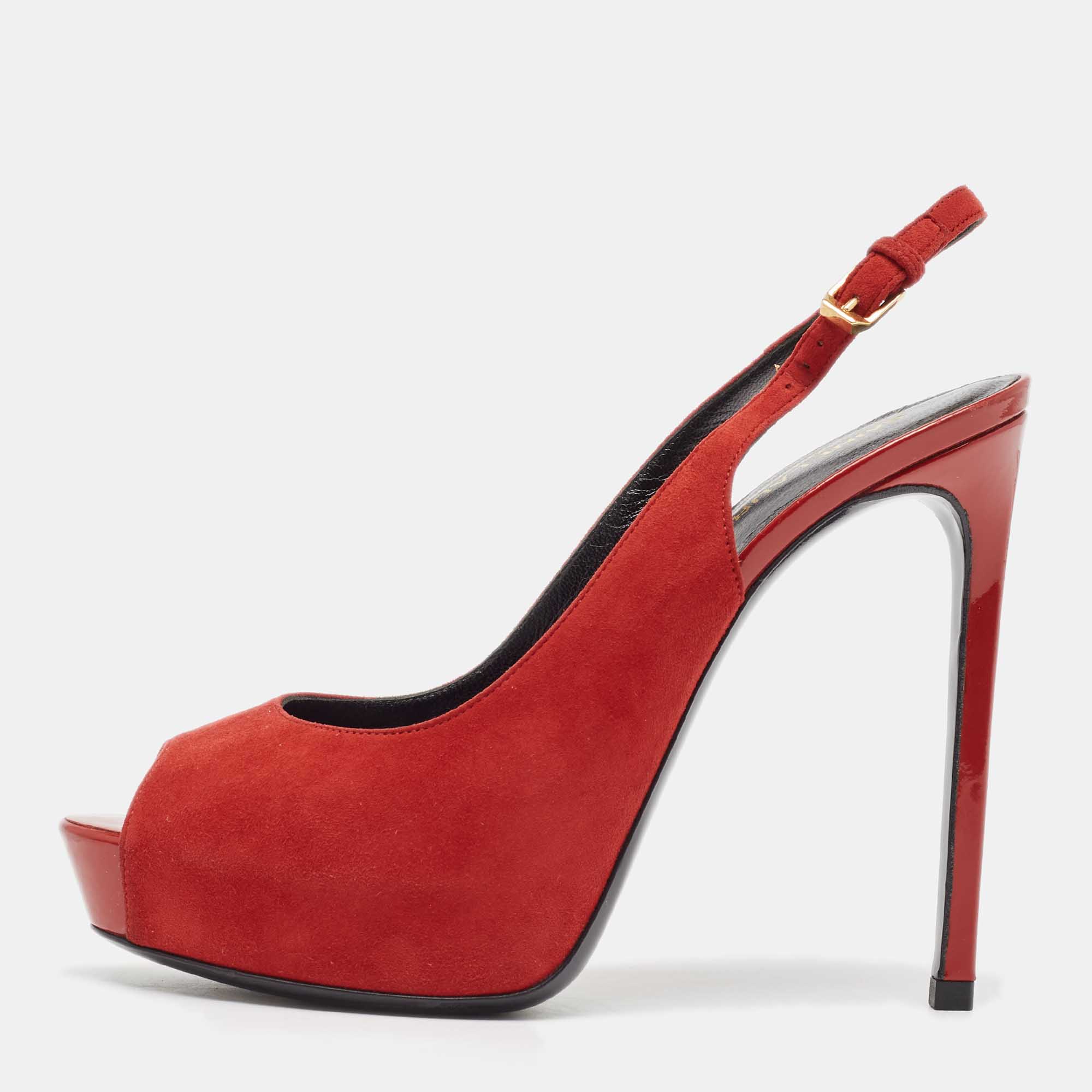 Saint Laurent Red Suede Peep Toe Slingback Pumps Size 37 Saint Laurent Paris TLC