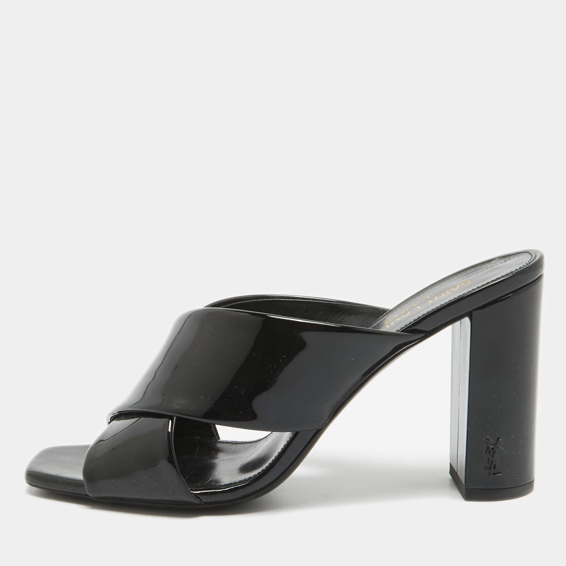 مملوكة مسبقًا Saint Laurent Black Patent Leather Loulou Slide Sandals Size 37.5
