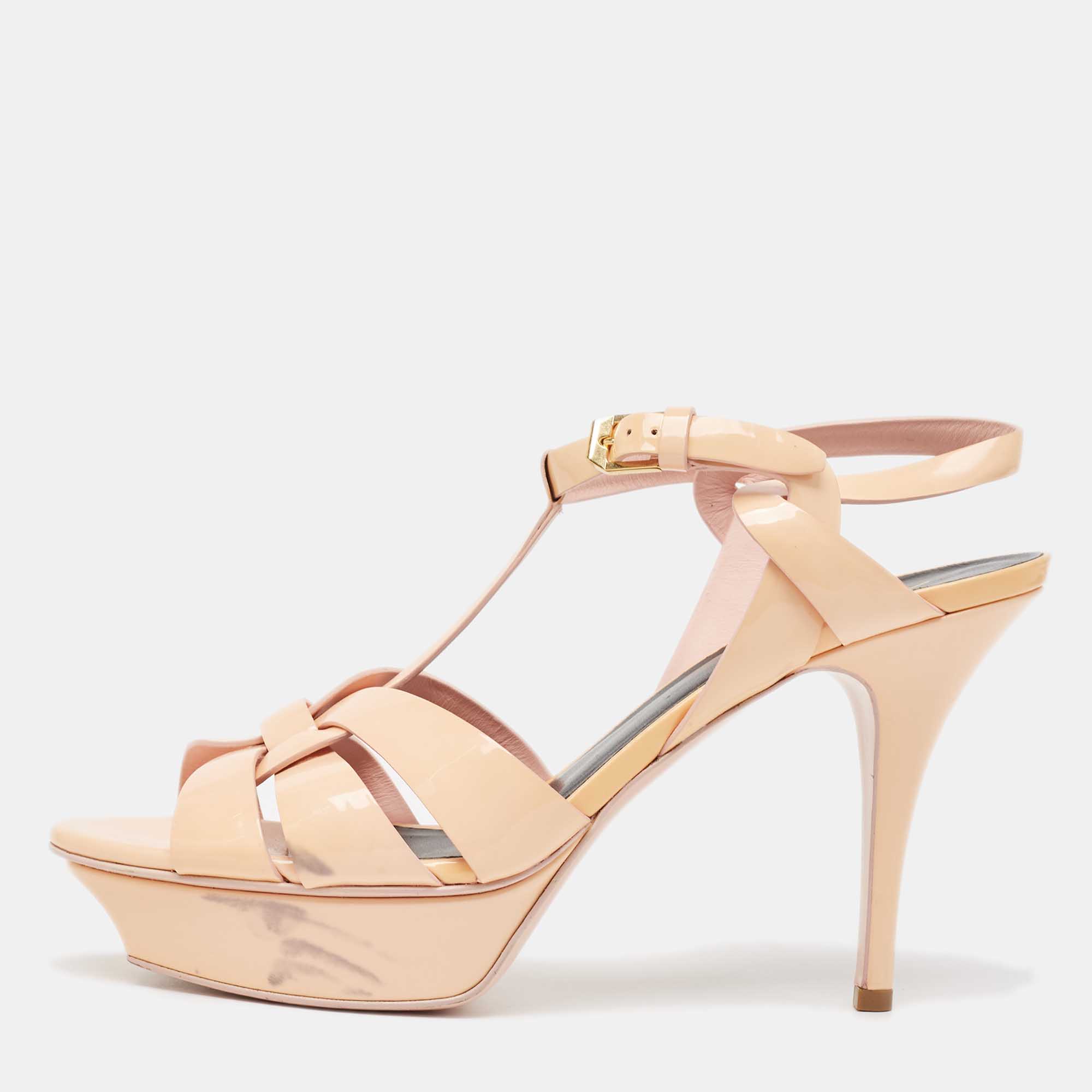 Saint Laurent Peach Pink Patent Leather Tribute Sandals Size 40