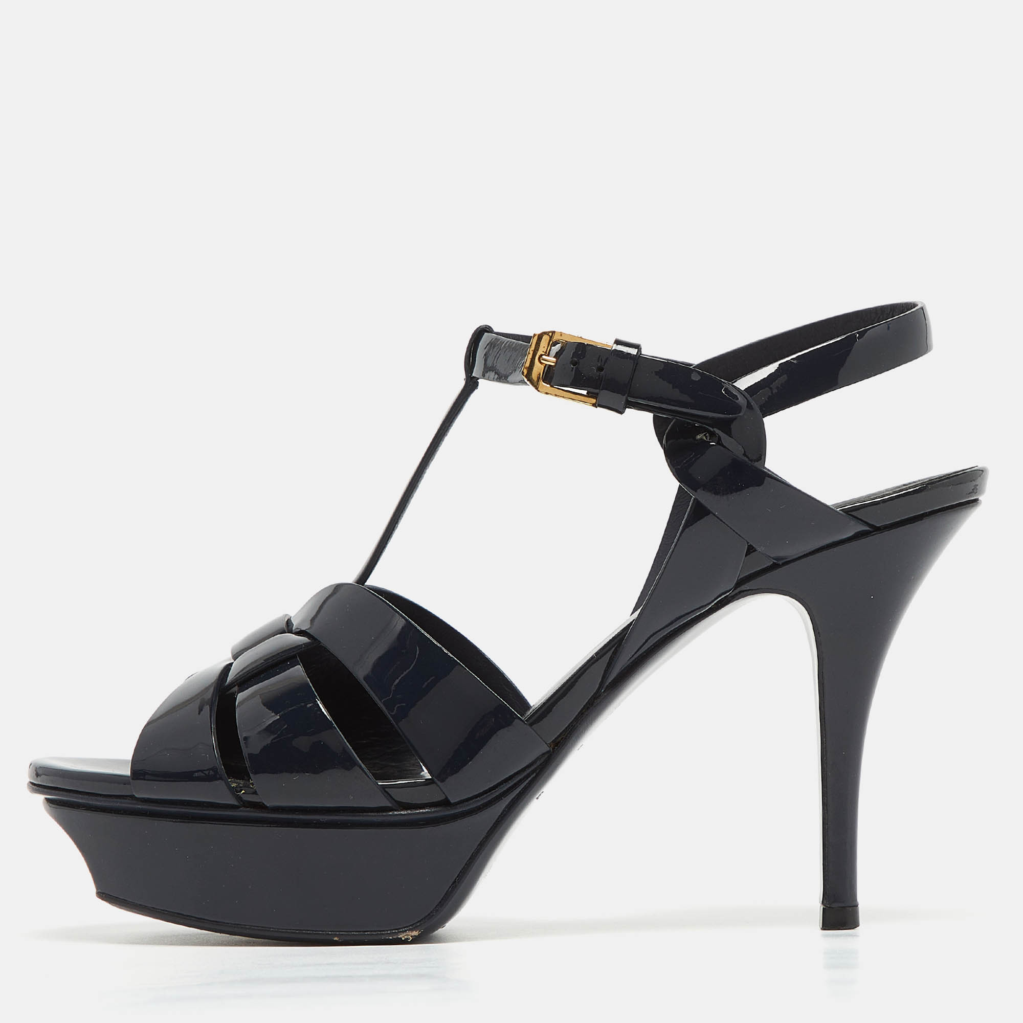 مملوكة مسبقًا Saint Laurent Navy Blue Patent Leather Tribute Sandals Size 38