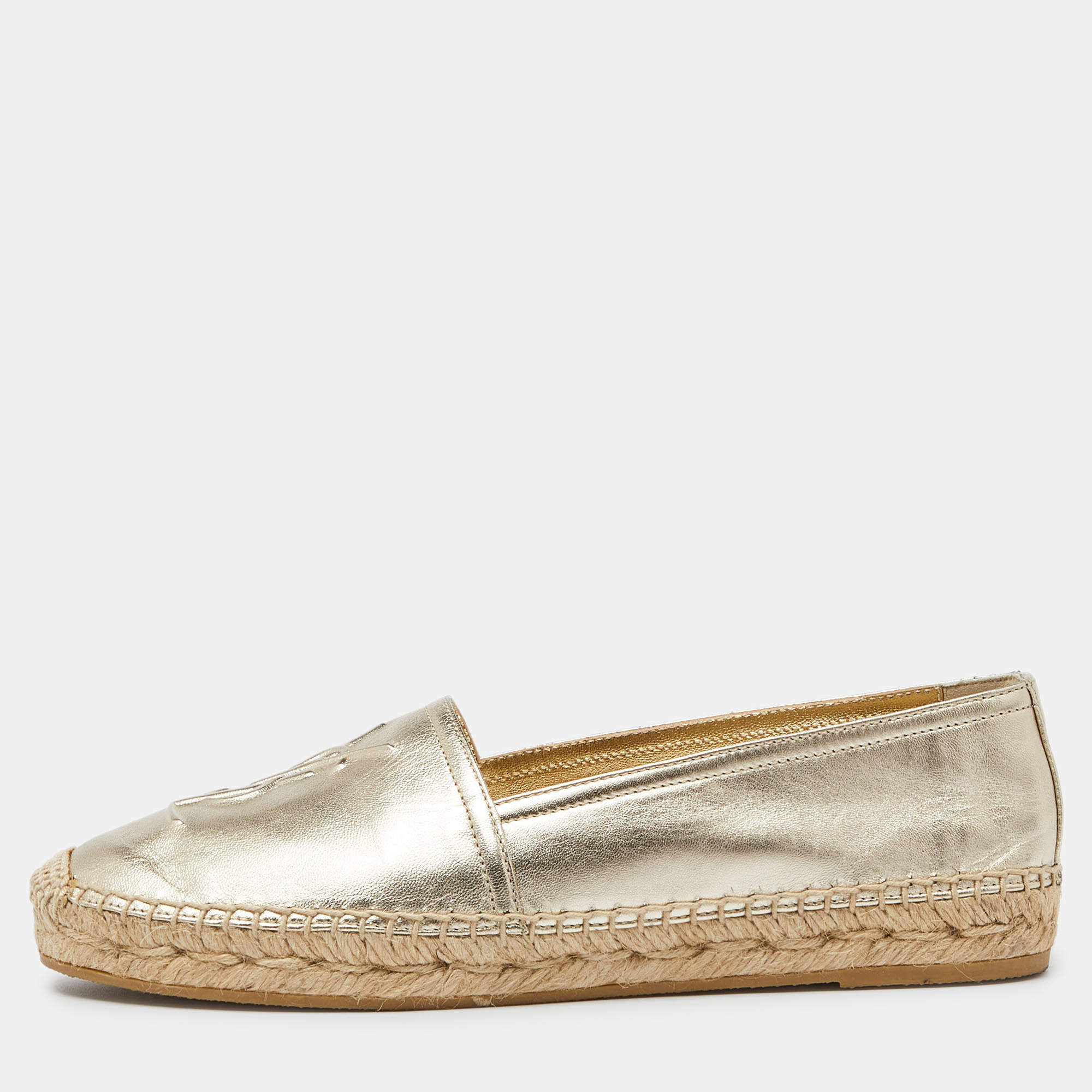 Pre Owned Saint Laurent Gold Leather Cassandra Espadrilles Slip On Loafers Size 37.5