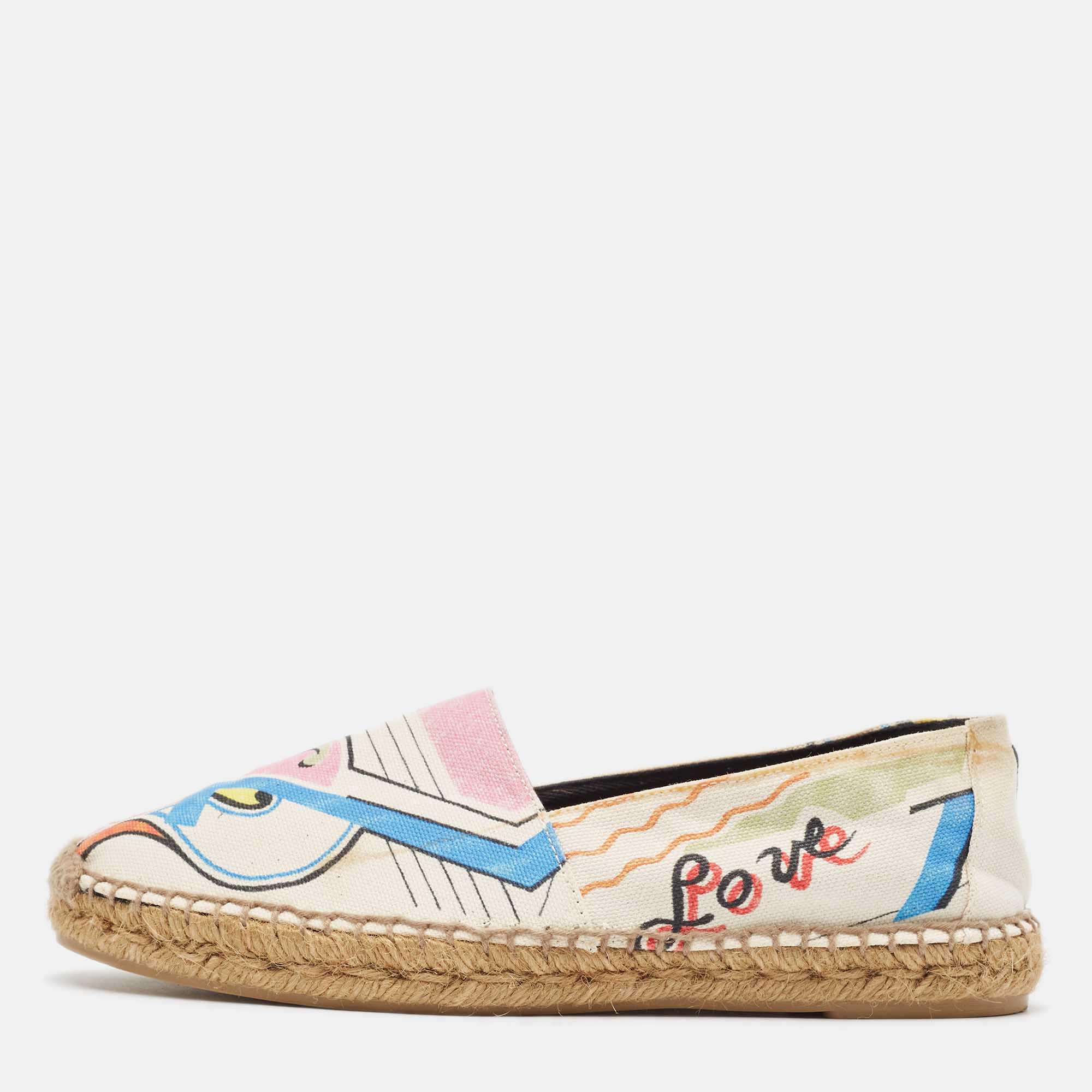 Pre Owned Saint Laurent Multicolor Canvas Love Espadrille Flats Size 40