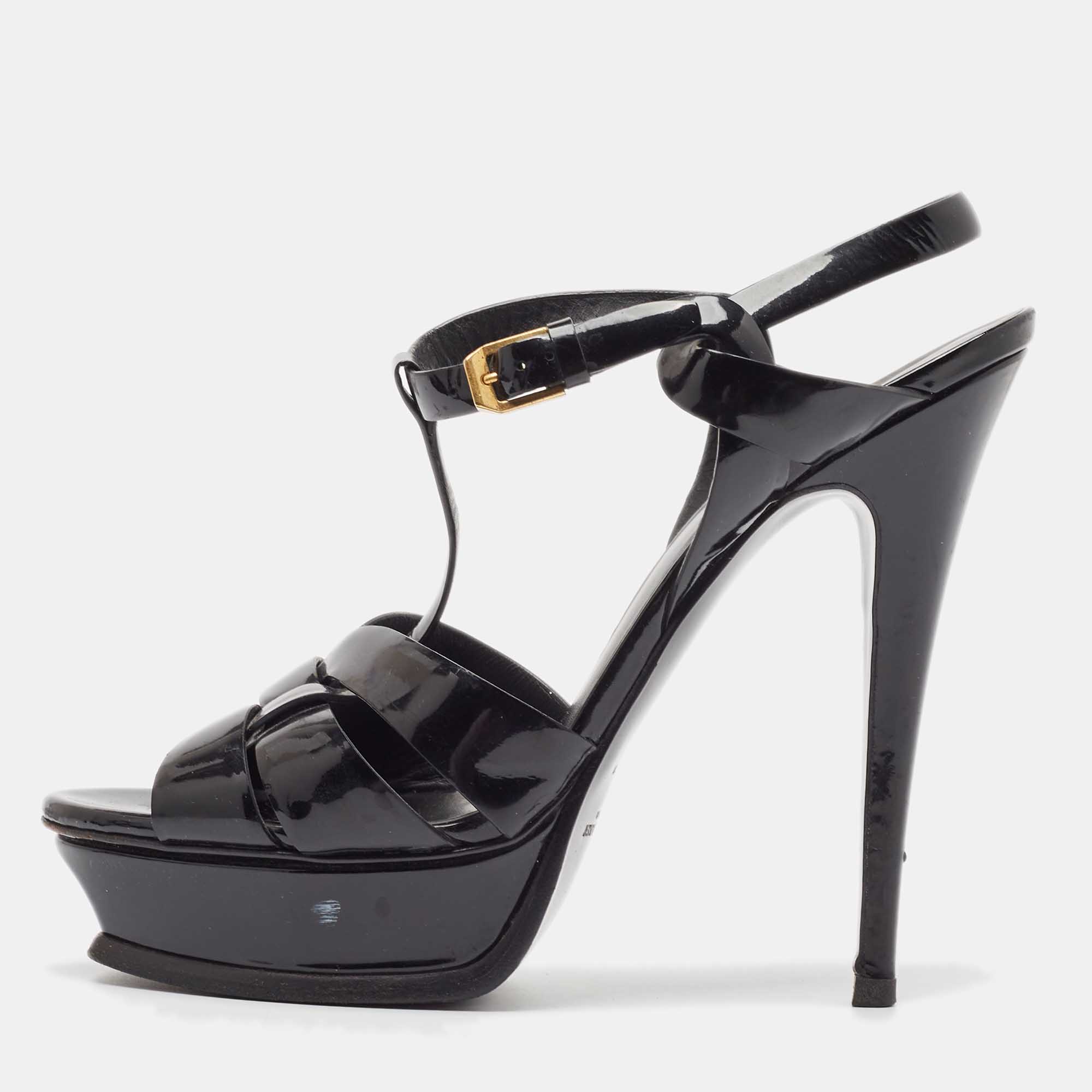 Saint Laurent Black Patent Leather Tribute Sandals Size 40