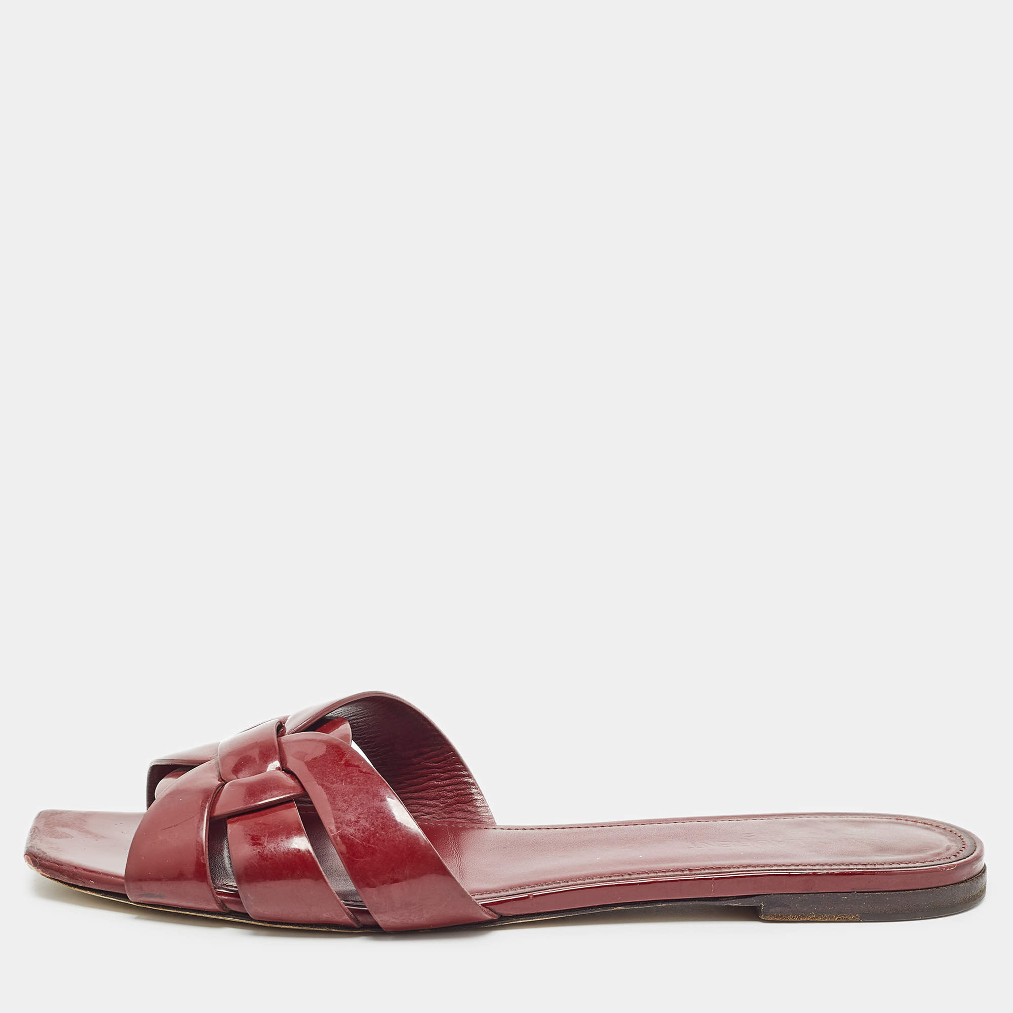 Pre Owned Saint Laurent Paris Burgundy Patent Leather Tribute Flat Slides Size 40.5
