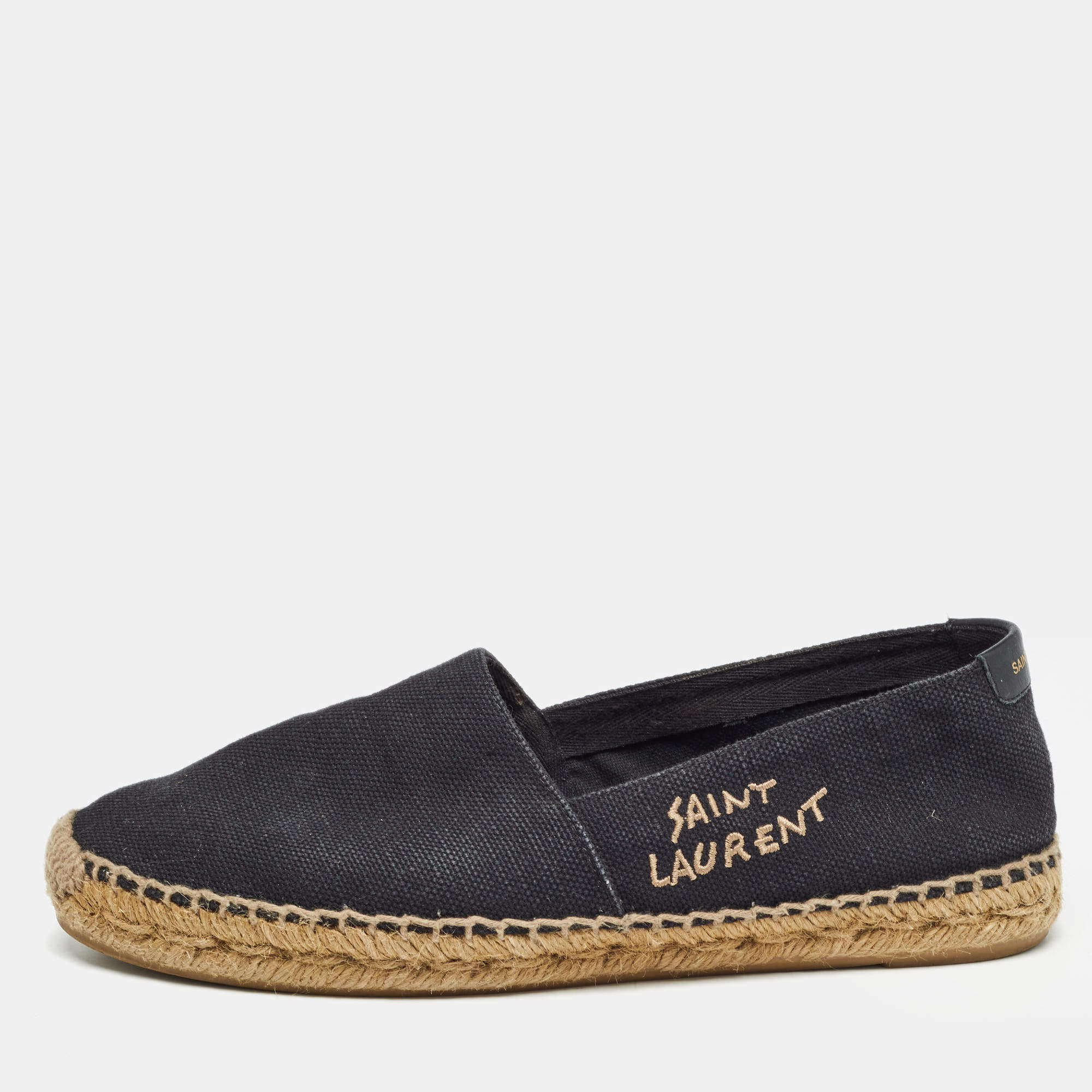 Pre Owned Saint Laurent Black Canvas Embroidered Espadrille Flats Size 38