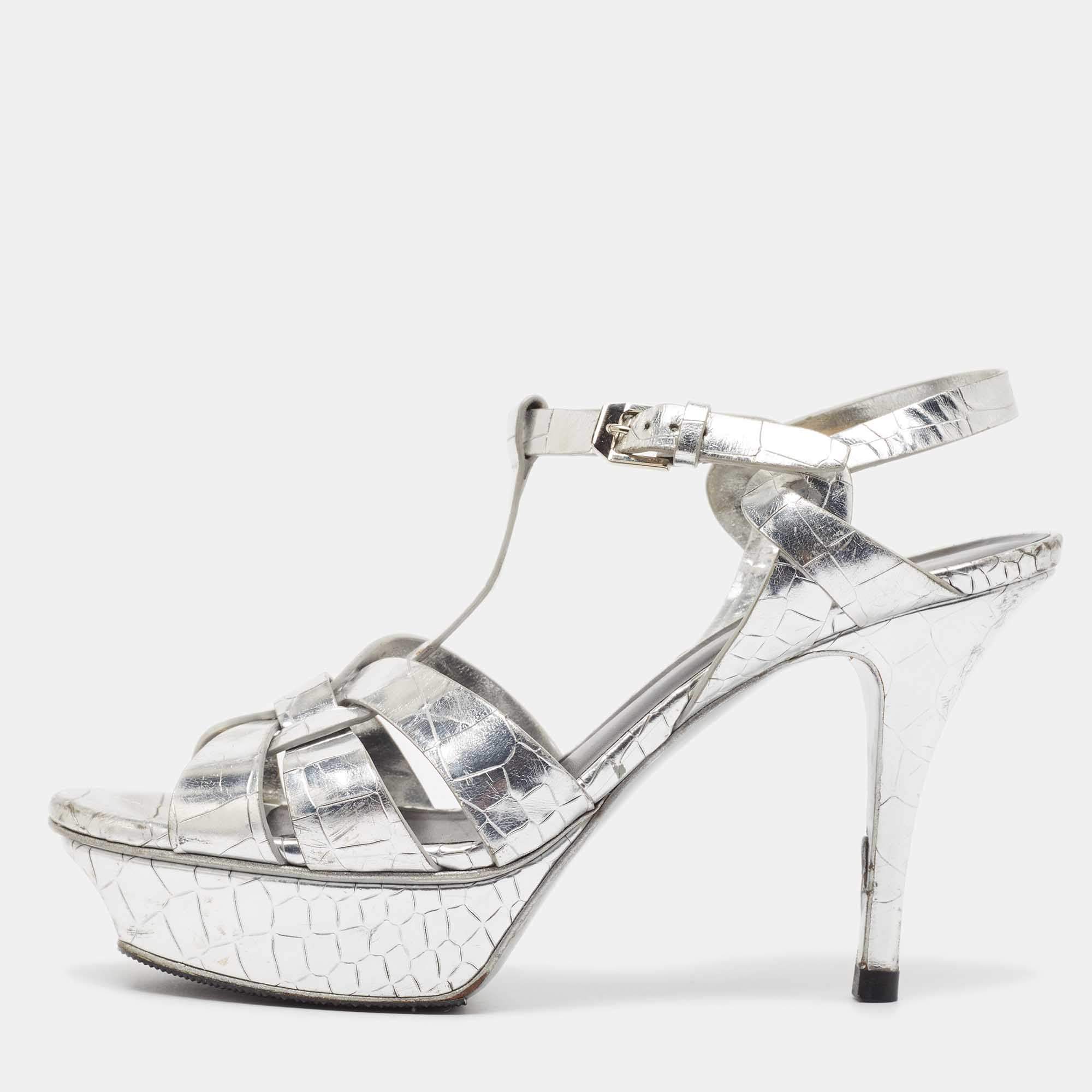 Saint Laurent Silver Croc Embossed Leather Tribute  Sandals Size 37.5