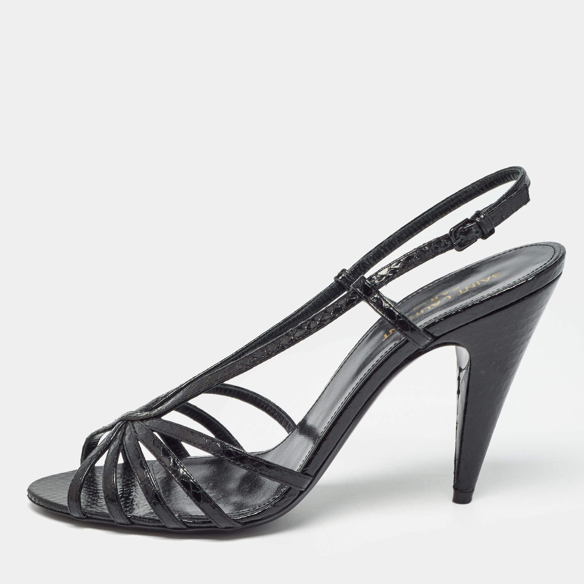 Saint Laurent Black Embossed Python Strappy Slingback Sandals Size 39