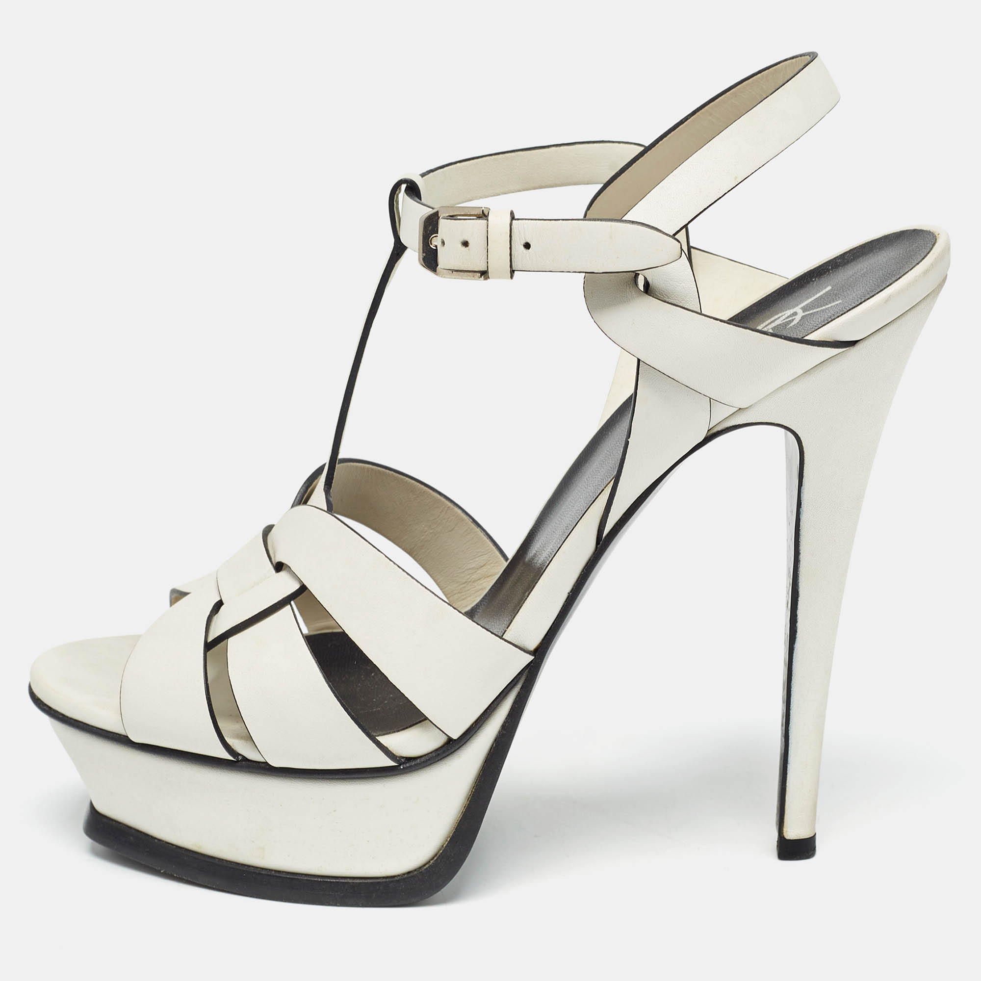 Saint Laurent White/Black Leather Tribute Ankle Strap Sandals Size 38