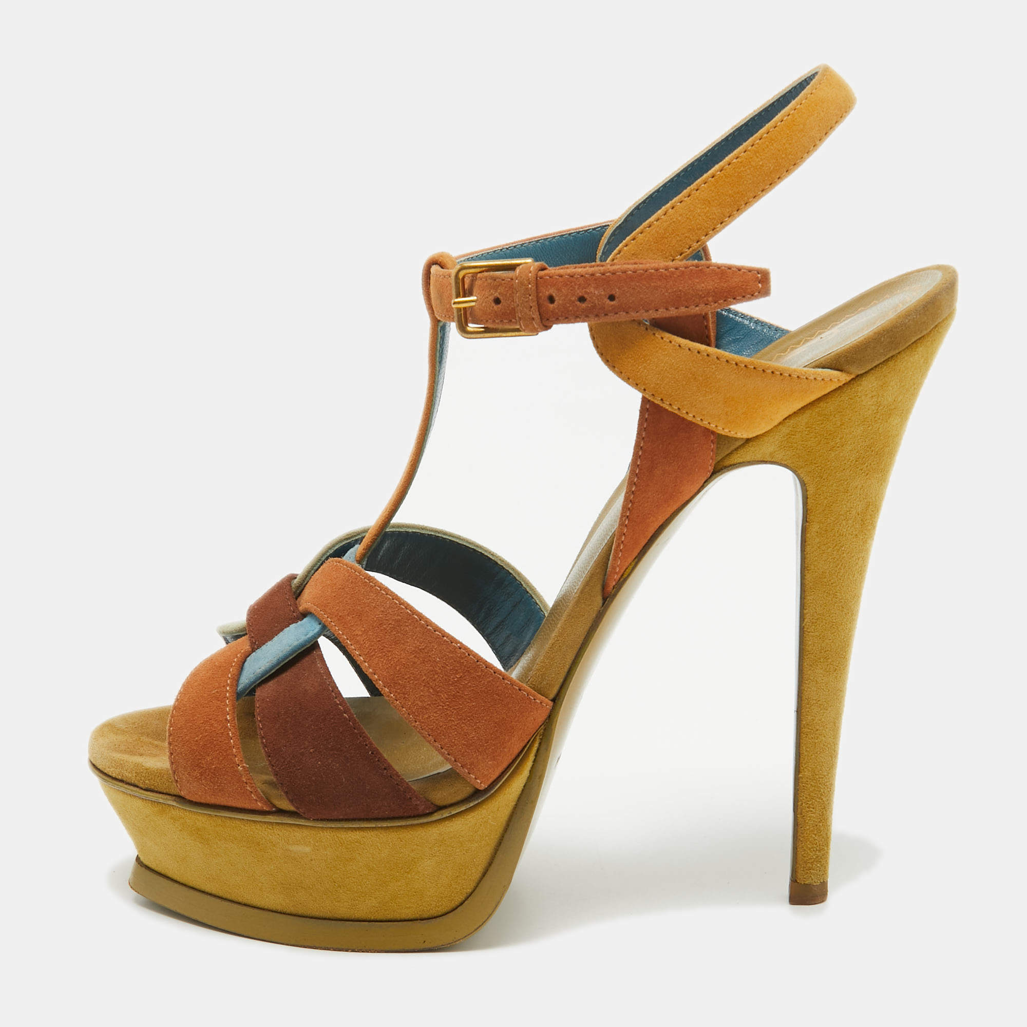 Pre Owned Saint Laurent Multicolor Suede Tribute Ankle Strap Sandals Size 37