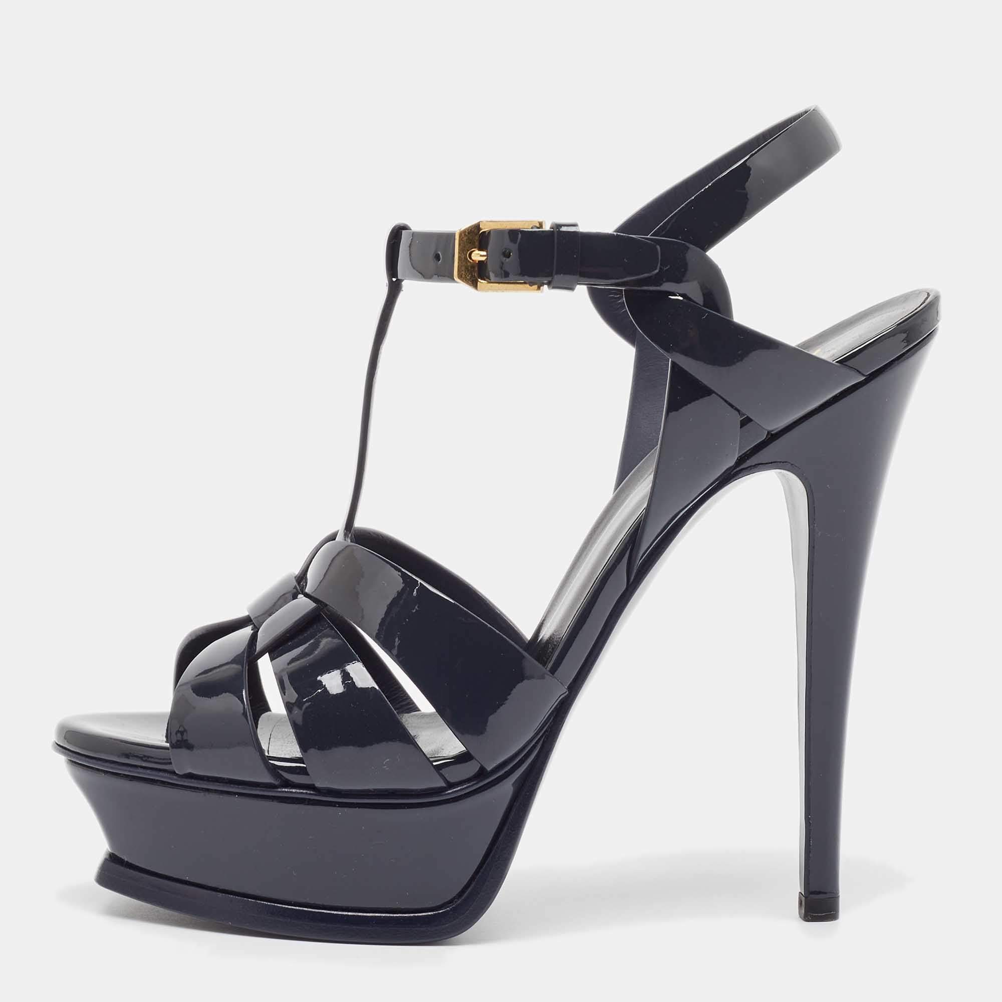 مملوكة مسبقًا Saint Laurent Navy Blue Patent Leather Tribute Sandals Size 36