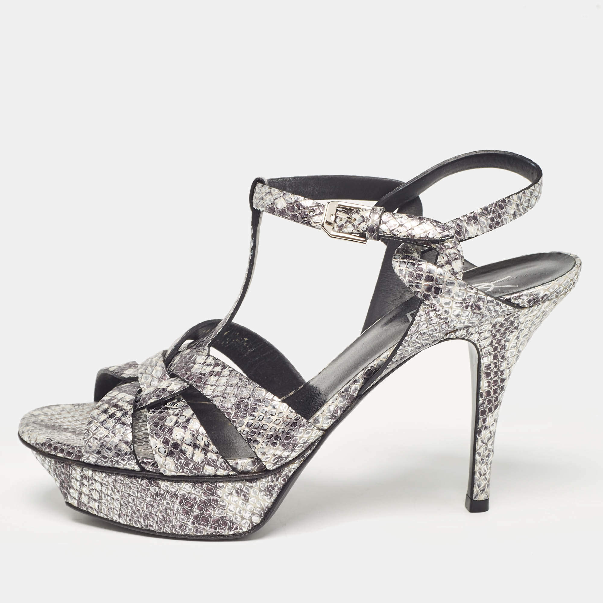 Pre Owned Saint Laurent Two Tone Embossed Python Tribute Sandals Size 38.5