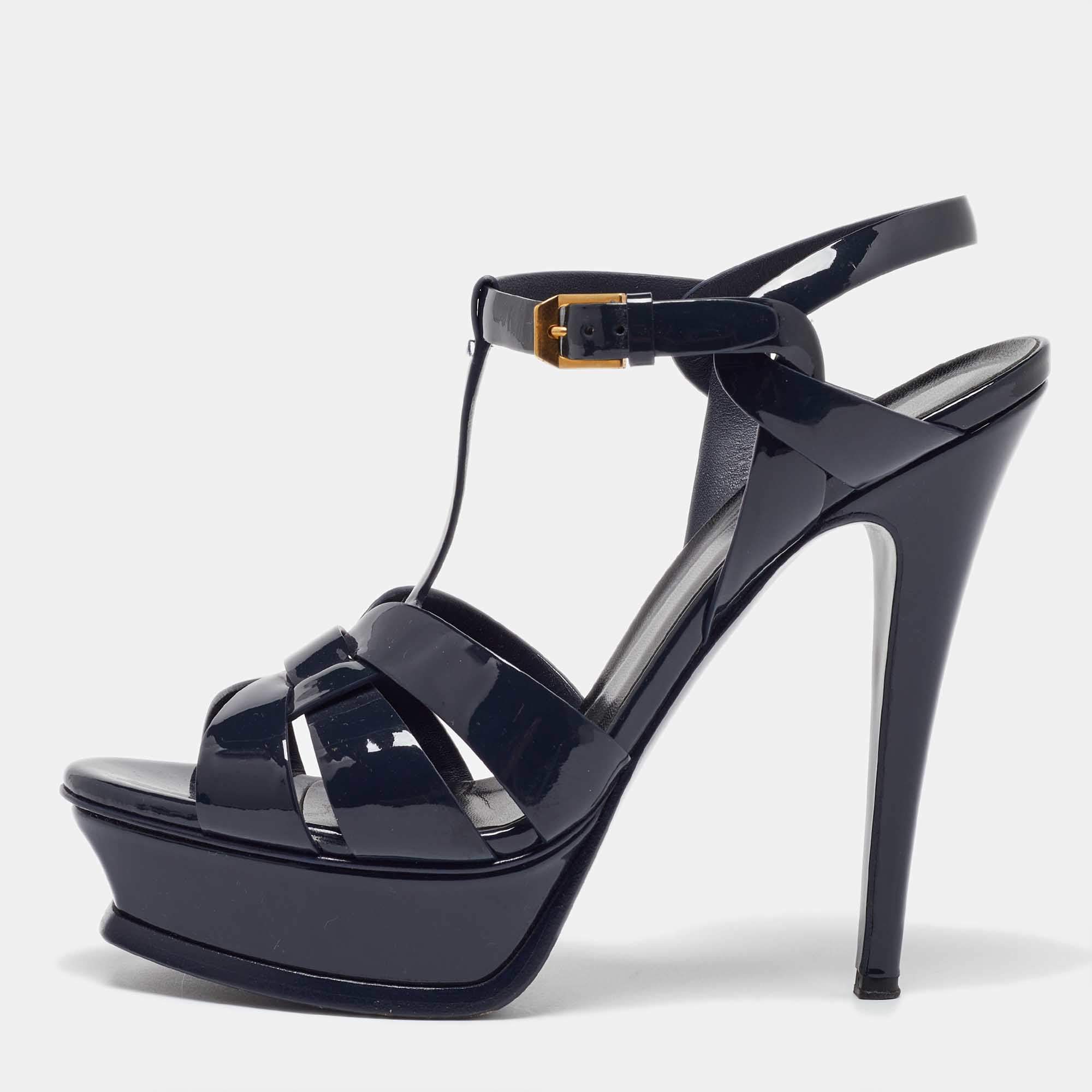 Pre Owned Saint Laurent  Navy Blue Patent Leather Tribute Platform Sandals 38.5