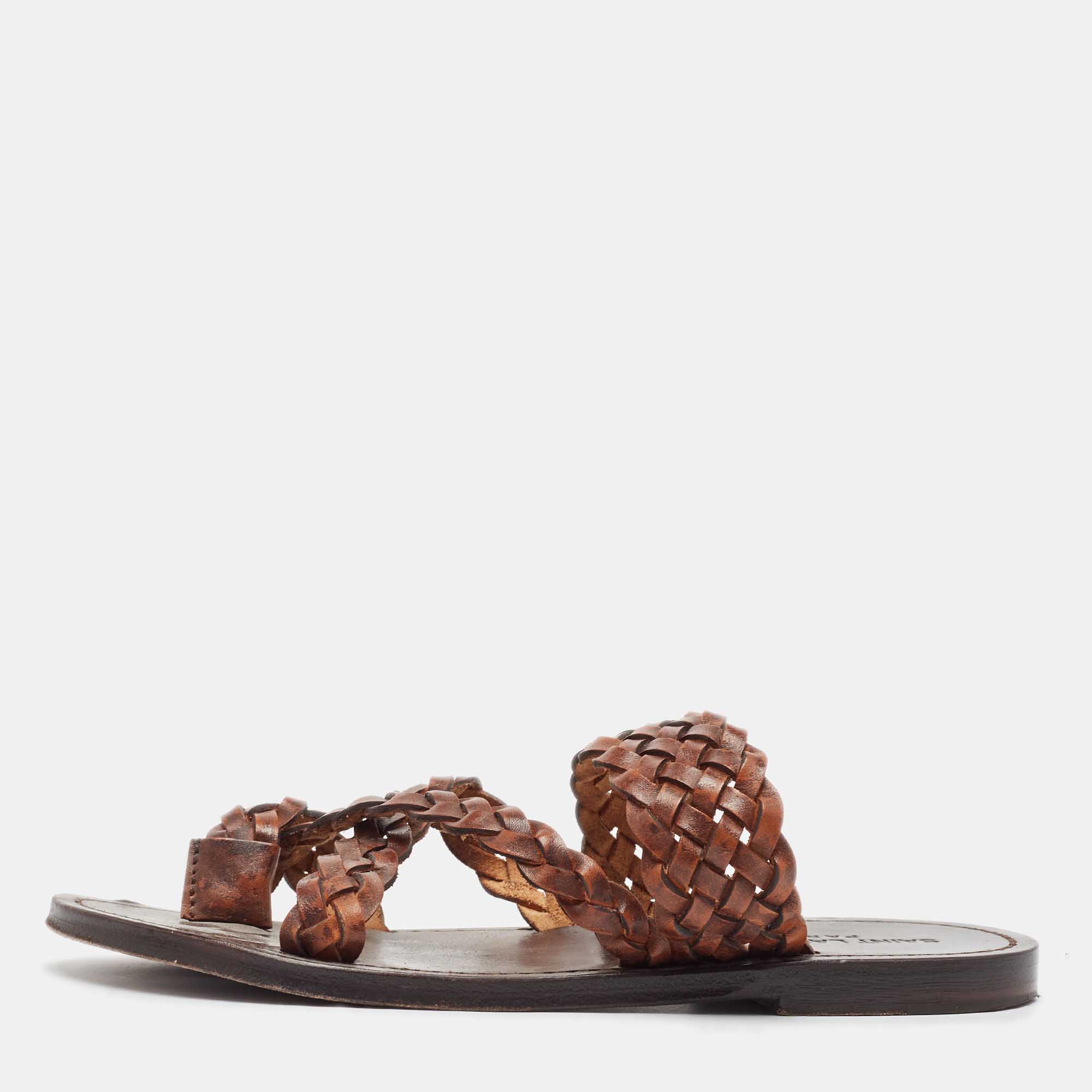 Saint Laurent Brown Braided Leather Neil Flat Slides Size 37