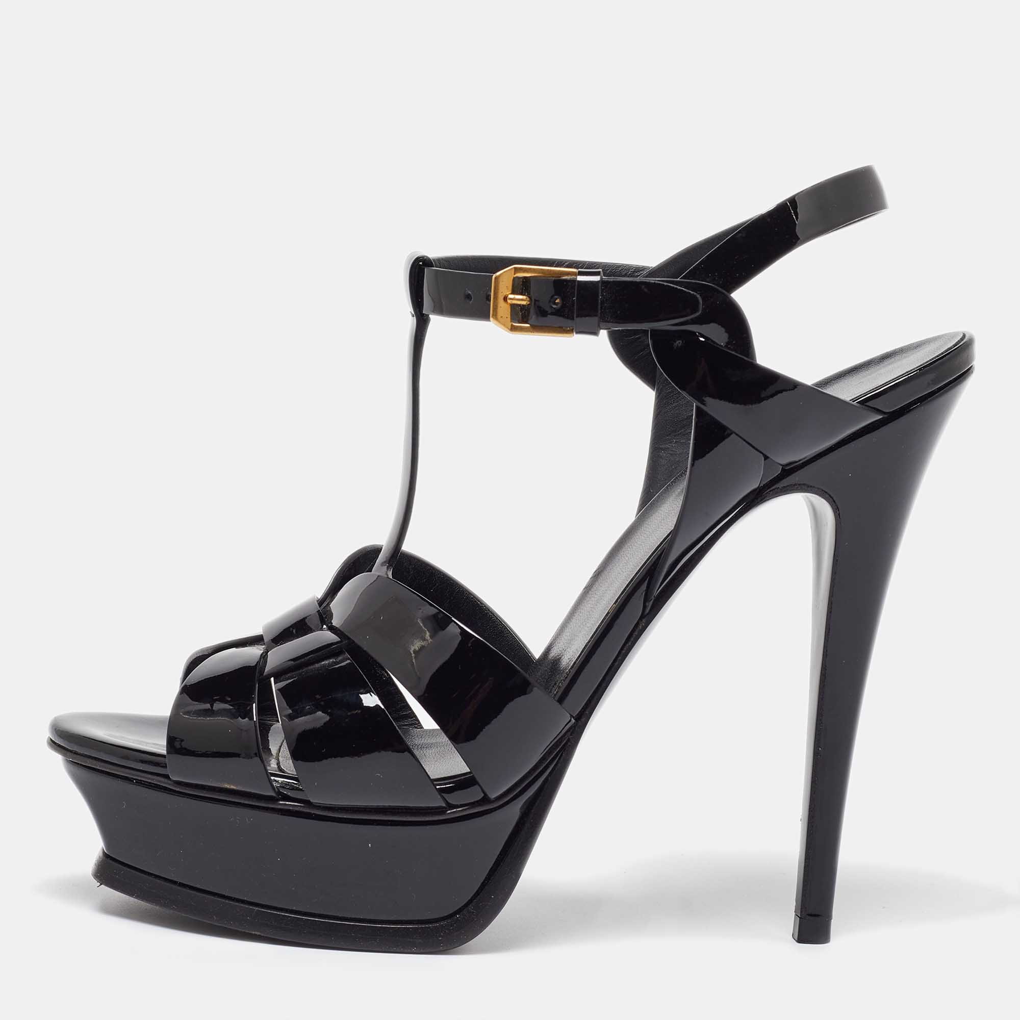 Saint Laurent Black Patent Leather Tribute Platform Sandals Size 39
