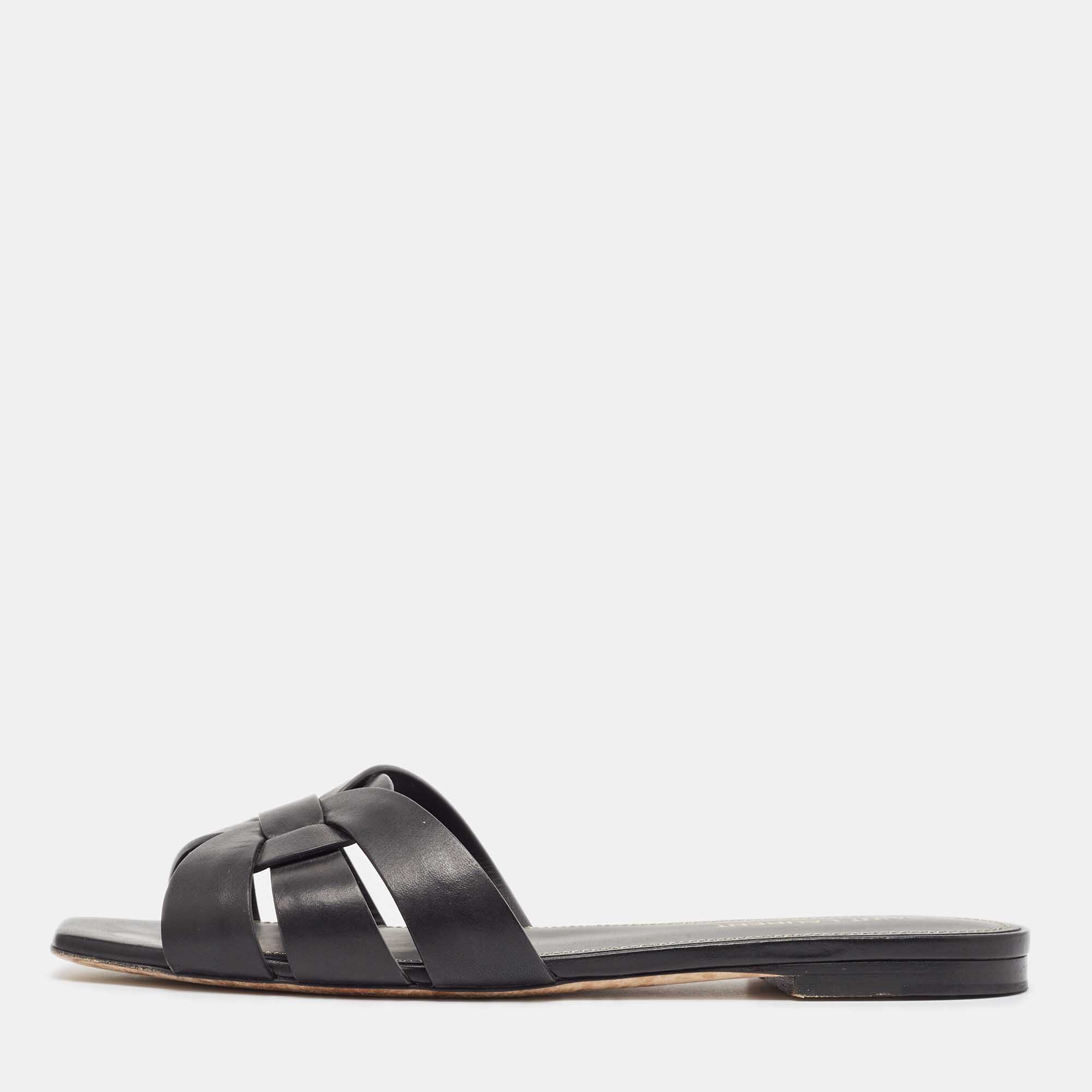 Saint Laurent Black Leather Tribute Flat Sandals Size 38.5