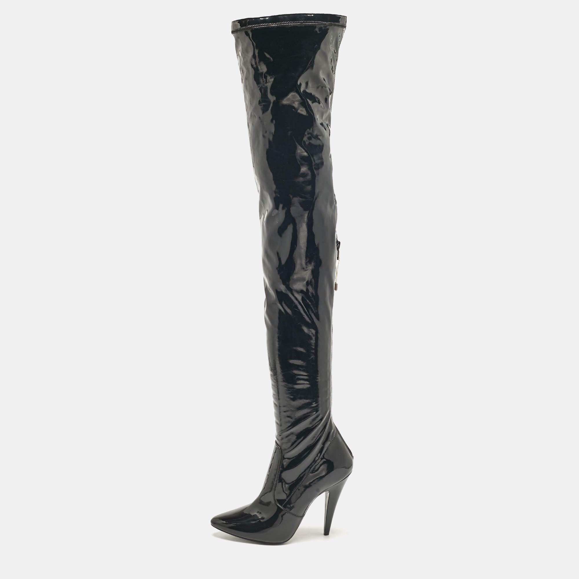 Saint Laurent Black Patent Leather Thigh High Boots Size 38