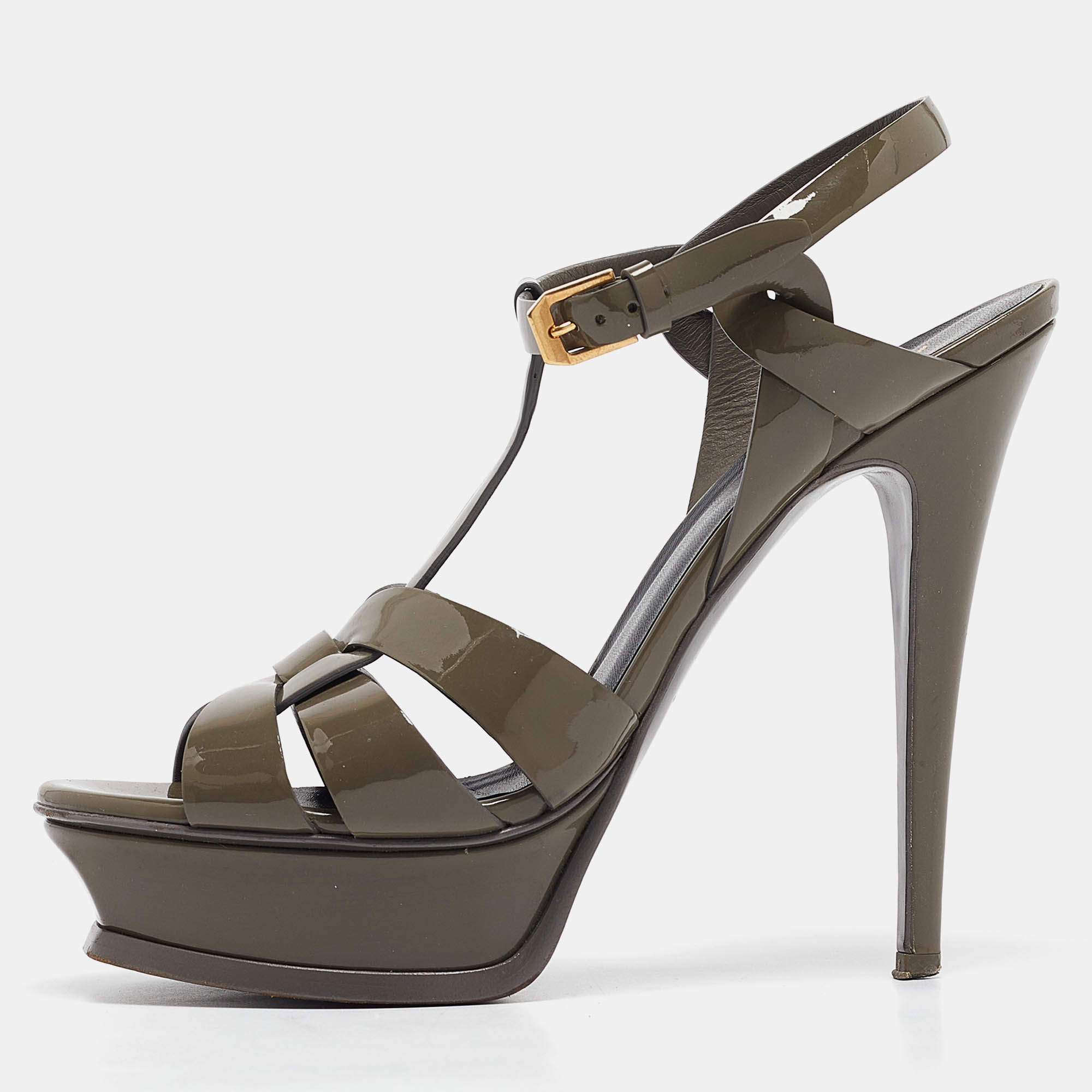 Saint Laurent Grey Patent Leather Tribute Platform Sandals 38.5