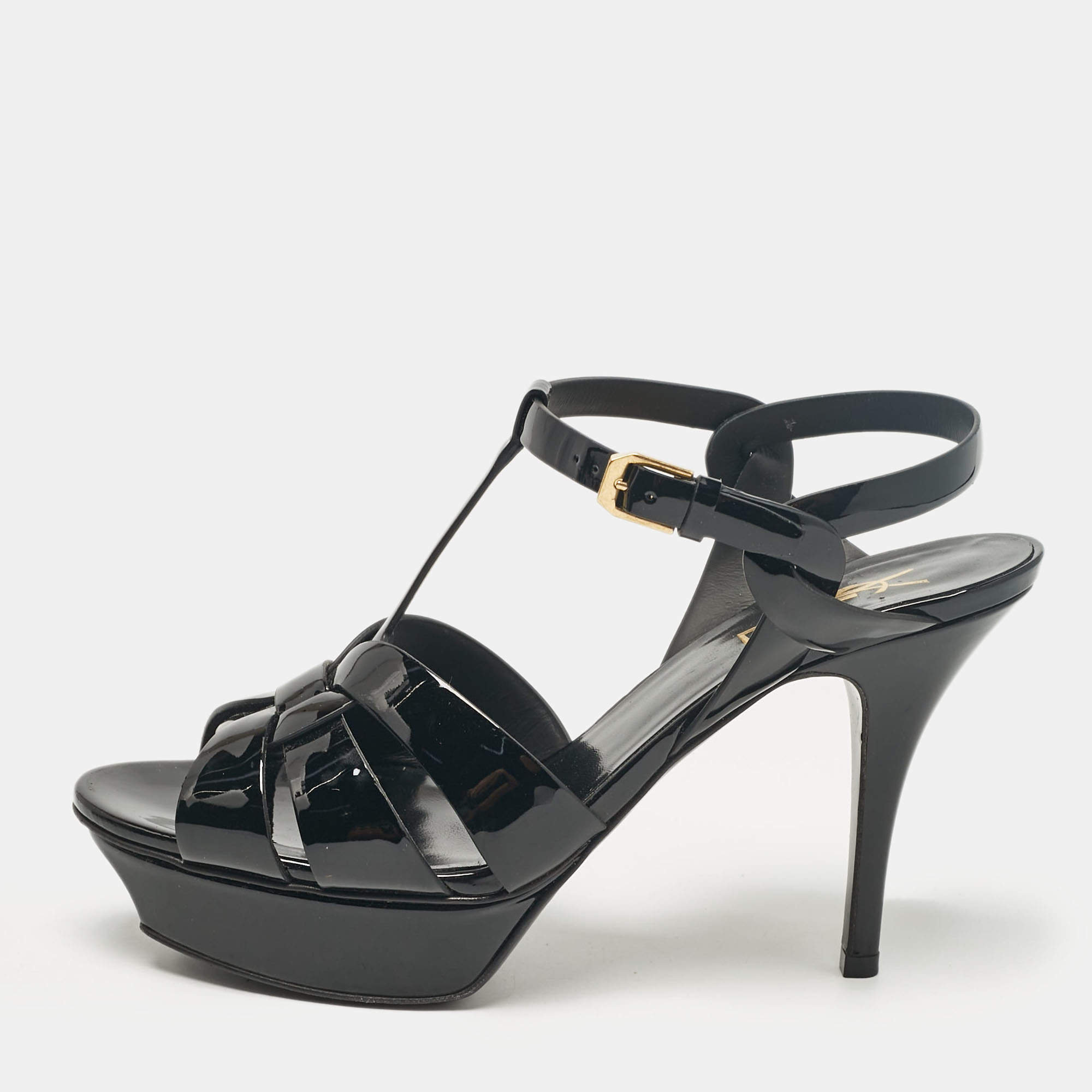 Pre Owned Saint Laurent Black Patent Leather Tribute Ankle Strap Sandals Size 38.5