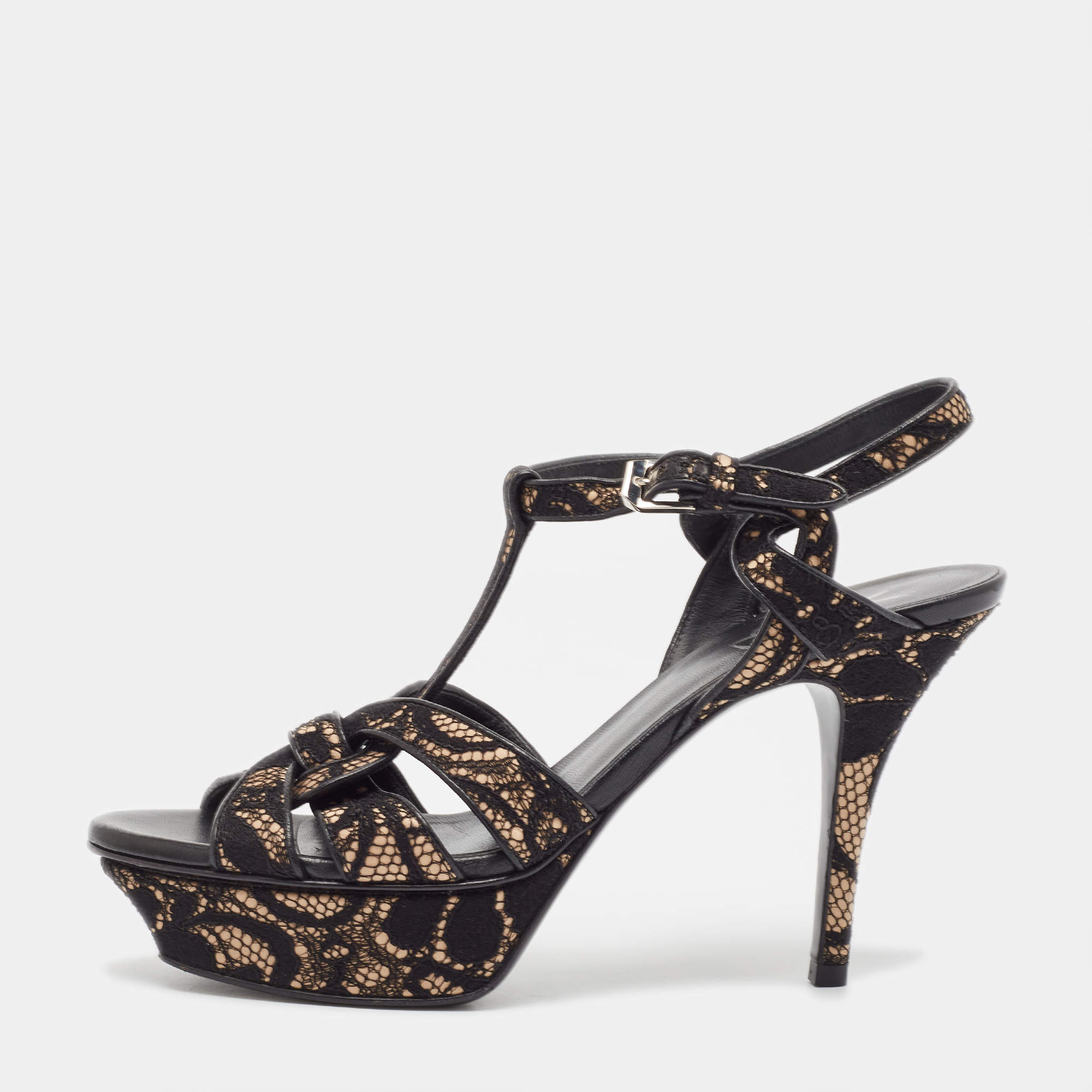 Pre Owned Saint Laurent Black/Beige Lace and Satin Tribute Sandals Size 38.5
