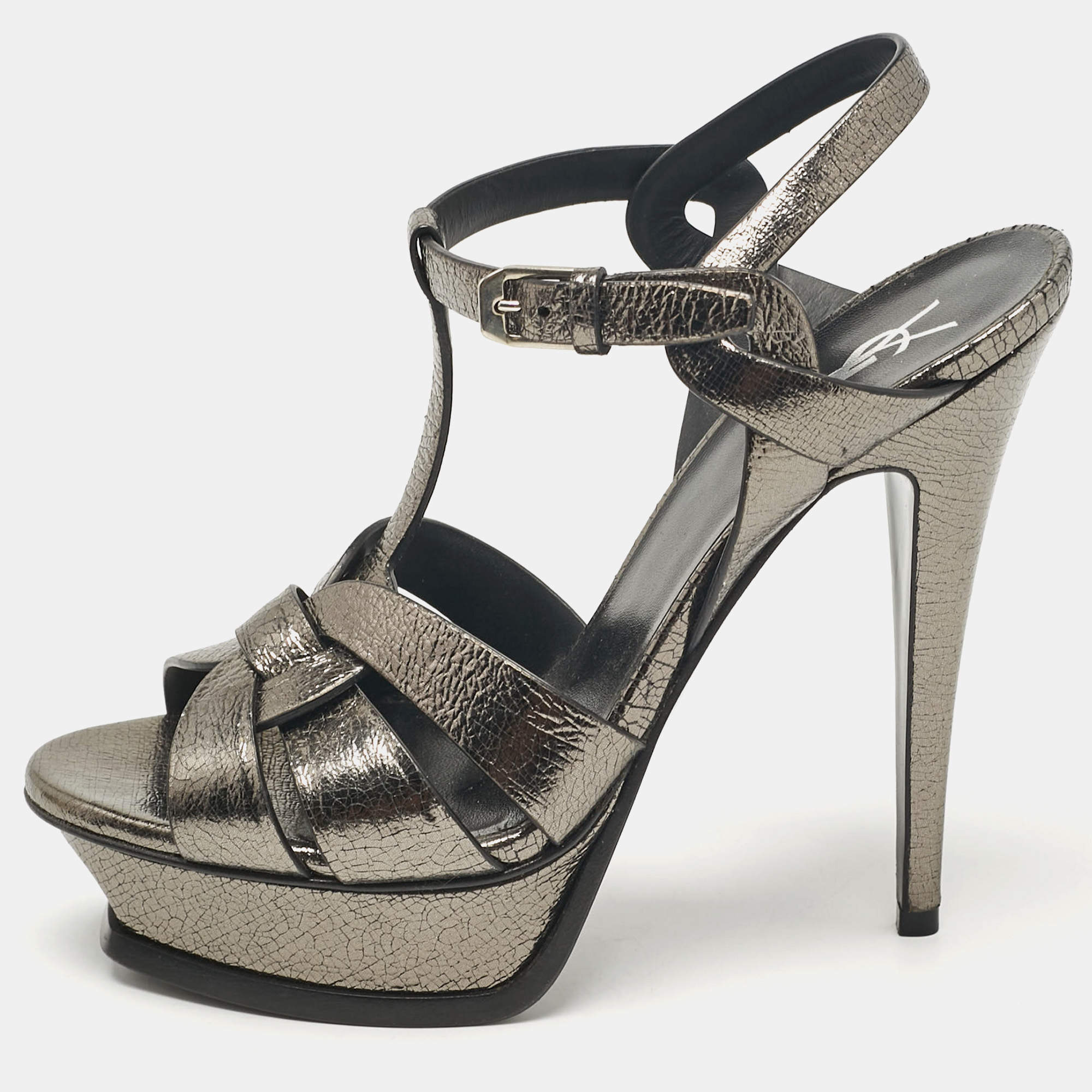 Saint Laurent Metallic Leather Tribute Ankle Strap Sandals Size 38