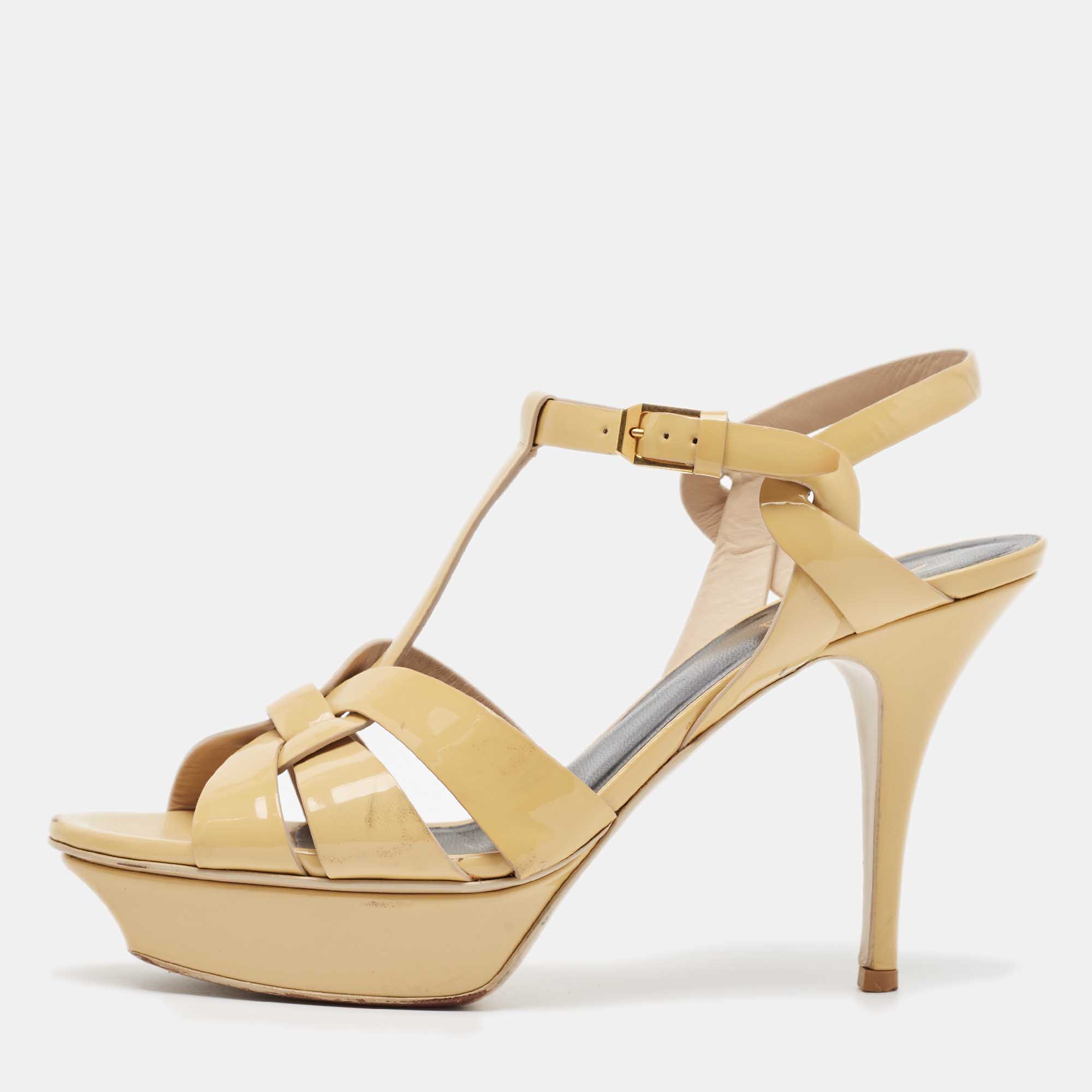 Saint Laurent Beige Patent Leather Tribute Sandals Size 40