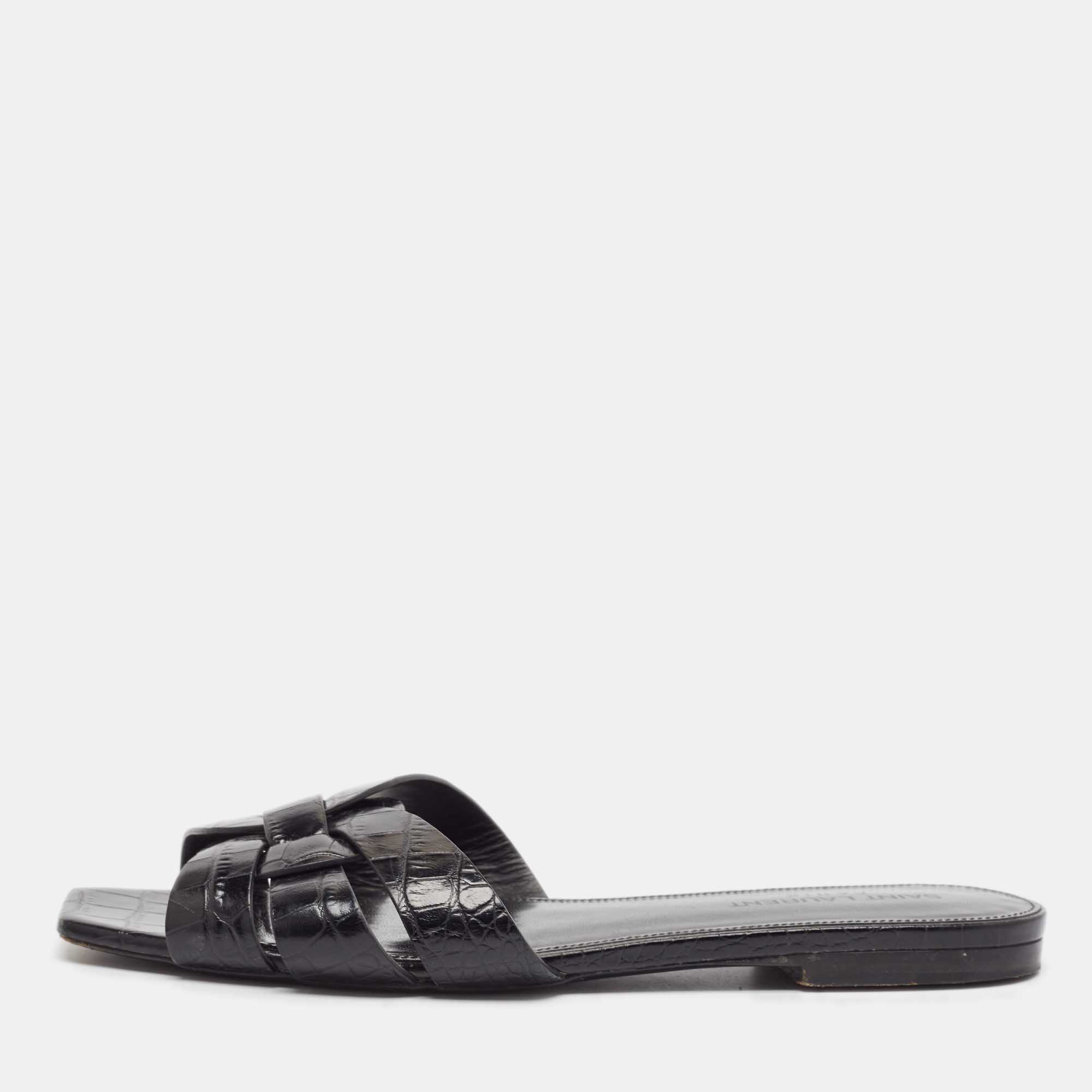 مملوكة مسبقًا Saint Laurent Black Croc Embossed Leather Tribute Flat Slides Size 37.5